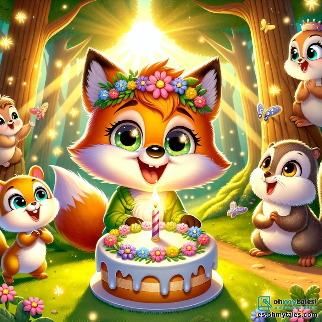 Félix, un pequeño zorro de pelaje rojo brillante y ojos llenos de curiosidad, se encuentra en un claro soleado, sonriendo mientras sopla la vela de un hermoso pastel de cumpleaños decorado con flores coloridas. A su alrededor, luciérnagas brillantes bailan en el aire, creando una atmósfera mágica, mientras una alegre ardilla con ojos vivos y pelaje marrón, que lleva una pequeña corona de flores, aplaude con entusiasmo, y un sabio búho de plumas grises, posado en una rama, sonríe amablemente sosteniendo un pequeño regalo en sus garras. El lugar es un claro verde del bosque, rodeado de majestuosos árboles con troncos gruesos y hojas de un verde brillante, donde flores silvestres de colores vivos salpican el suelo, y un suave rayo de sol filtra entre las ramas, iluminando la escena con luz dorada. La situación principal muestra a Félix, rodeado de sus amigos, celebrando alegremente su cumpleaños con risas, juegos y un delicioso pastel, ilustrando la magia de la amistad y la alegría de los momentos compartidos.