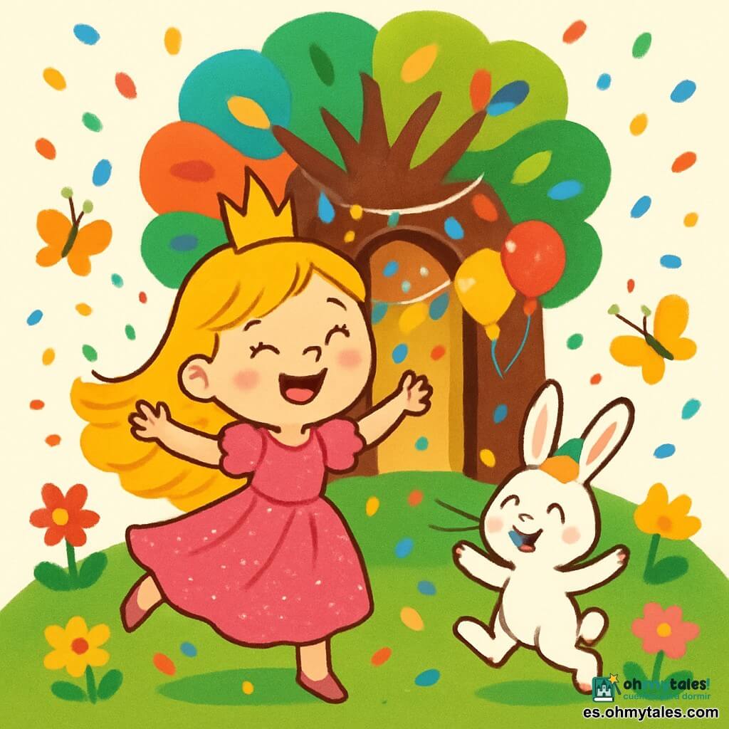 Una princesa alegre, de unos 7 años, con largos cabellos dorados y un vestido rosa brillante, baila con una gran sonrisa en su rostro. Está rodeada de confeti de colores que cae a su alrededor. A su lado, un pequeño conejo travieso, con pelaje blanco y orejas largas, lleva un pequeño sombrero de fiesta. Salta alegremente, con ojos chispeantes de travesura. Al fondo, un gran árbol mágico con hojas multicolores se abre como una puerta, revelando un interior luminoso y festivo, lleno de guirnaldas brillantes y globos. La escena transcurre en un jardín encantado, con flores brillantes y mariposas revoloteando, creando una atmósfera alegre y mágica. La situación principal muestra a la princesa Lila bailando con el conejo, celebrando una fiesta sorpresa llena de risas y magia.