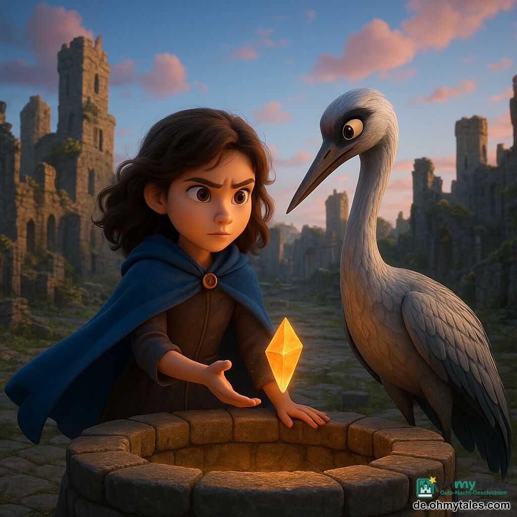 Ein junges Mädchen namens Lian mit braunen, welligen Haaren und neugierigen Augen steht entschlossen am Rand eines alten Steinbrunnens. Sie trägt einen blauen Umhang, der leicht im Wind weht. Ein großer Vogel, ein Kranich mit silbernen Federn, steht an ihrer Seite, seine leuchtenden Augen auf Lian gerichtet, bereit, sie zu begleiten. Um sie herum erstreckt sich die verfallene Stadt Koriem mit ihren bröckelnden Steintürmen und von Vegetation überwucherten gepflasterten Straßen. Lian streckt die Hand nach einem über dem Brunnen hängenden Kristall aus, von dem ein sanftes, goldenes Leuchten ausgeht. Der Himmel ist tiefblau, durchsetzt mit rosa Wolken, während die untergehende Sonne lange, geheimnisvolle Schatten auf die Szene wirft.