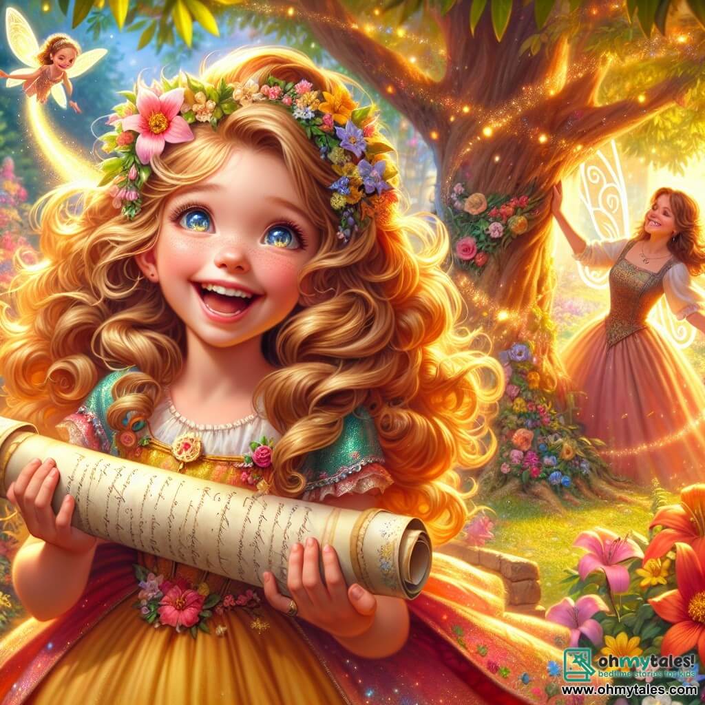 An 8-year-old girl named Lily, with beautiful curly golden hair, radiates excitement as she holds a magical letter scroll in her hands. She wears a colorful dress adorned with flowers and has stars in her eyes, showing her happiness. Next to her, a small fairy named Twinkle, with shimmering wings and a dress made of flower petals, joyfully flits through the air, adding a touch of magic to the scene. In the background, Lily's mother, a woman in her 30s with brown hair and a warm smile, watches her daughter tenderly, arms crossed, full of love and pride. The scene takes place in an enchanted garden filled with colorful singing and dancing flowers, under a bright blue sky dotted with fluffy clouds. At the center of the garden, a large tree with golden leaves provides shade, and rays of sunlight filter through the branches, creating a magical atmosphere. Lily is preparing a surprise for her mother for Mother's Day, proudly holding her magical letter scroll, while Twinkle encourages her with laughter, and the mother, moved, eagerly awaits to discover what her daughter has prepared.