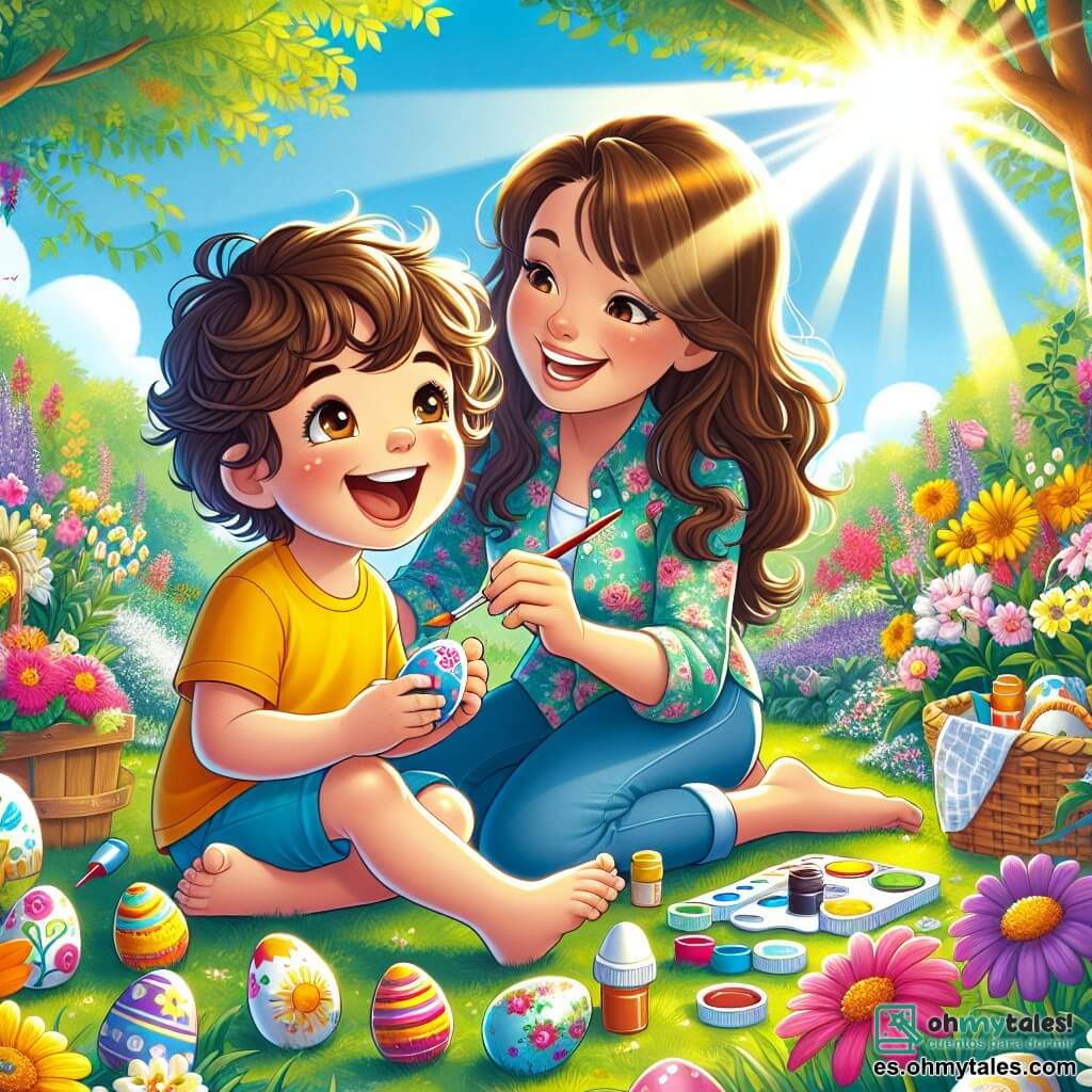 Un niño de 2 años, Lucas, con cabello castaño y rizado, grandes ojos brillantes de alegría, está sentado en el suelo rodeado de huevos de Pascua coloridos que pinta con entusiasmo. Lleva una camiseta amarilla brillante y un short azul, y su rostro irradia emoción. A su lado, su mamá, una mujer de unos 30 años con cabello largo y castaño, sonríe mientras observa a su hijo. Ella viste una blusa floral y sostiene un pincel en una mano, lista para ayudarlo a decorar un huevo. El escenario se desarrolla en un jardín soleado, lleno de flores brillantes y vegetación exuberante. Los rayos del sol filtran a través de los árboles, creando un ambiente alegre y primaveral. La situación principal muestra a Lucas y su mamá preparando huevos de Pascua, llenos de colores vivos y risas, mientras se divierten juntos creando recuerdos inolvidables.