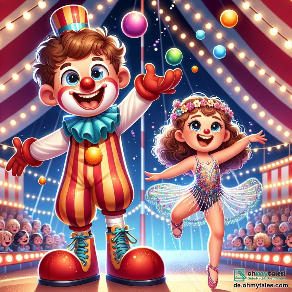 Ein 8-jähriger Junge mit kastanienbraunen Haaren und funkelnden Augen trägt ein buntes Clownskostüm mit einer großen roten Nase und riesigen Schuhen. Er jongliert fröhlich mit bunten Bällen und hat ein breites Lächeln im Gesicht. Neben ihm steht ein 7-jähriges Mädchen mit lockigem Haar und einem kleinen Blumenkranz, das eine junge Akrobatin ist. Sie macht einen eleganten Sprung, ihre Arme ausgebreitet wie Flügel, gekleidet in ein glitzerndes Kostüm, das im Zirkuslicht strahlt. Der Hintergrund ist ein großes Zirkuszelt mit roten und weißen Streifen, voller bewundernder Zuschauer. Glühende Lichter funkeln über ihnen, und die Luft ist gefüllt mit dem süßen Geruch von Zuckerwatte und Popcorn. Die Szene zeigt den Moment, in dem der Junge und das Mädchen gemeinsam auftreten und das Publikum mit ihren Talenten fesseln, umgeben von Lachen und Applaus, was eine festliche und magische Atmosphäre schafft.