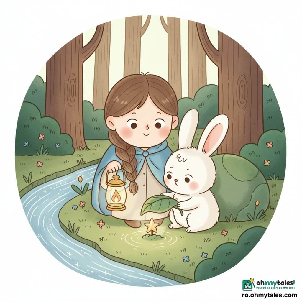 O tânără, Lina, cu față rotundă, ochi blânzi, părul șaten împletit, poartă o pelerină bleu și ține o mică lanternă aurie cu flacără caldă; un iepure alb băiat, blănos cu urechi mari, stă lângă ea și protejează cu o frunză verde o mică stea-rutieră aurie în formă de floare care tremură pe sol mușchiulos, pregătită să se ridice; o piatră rotundă acoperită de mușchi stă ca un pernuț protector în spatele stelei; un pârâu îngust și sclipitor curge în stânga, creând reflexe argintii; la amurg, într-o poiană cu trunchiuri brune și frunziș verde închis, iarba presărată cu flori mici colorate; scena principală: Lina întinde încet mâna spre steaua aurie pentru a o liniști, lanterna le luminează fețele, iepurele ajută cu frunza iar piatra îi încadrează — un moment tandru și luminos înainte ca steaua să se înalțe.