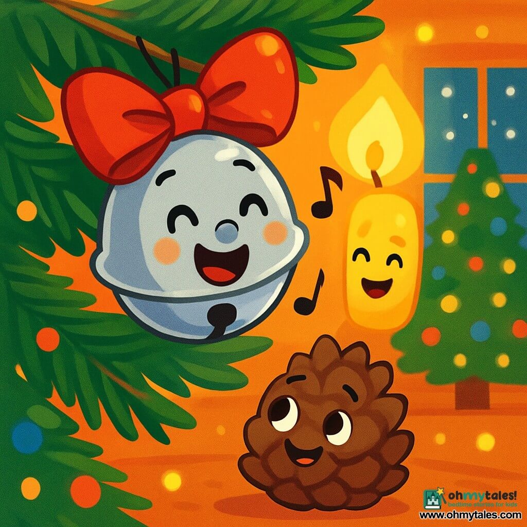 A cheerful little silver bell with a shiny red bow hangs from a branch of a large Christmas tree. The bell has a smiling face and sparkling eyes, singing joyfully. Next to it, a small flame-shaped candle glows softly with a warm golden light, displaying a friendly and happy expression. Below, a cute brown pine cone gazes at the bell with admiring eyes, feeling happy and comforted. The setting is a cozy room filled with twinkling lights and colorful decorations, with a majestic tree at the center, surrounded by gently falling snowflakes outside. The main scene shows the bell singing a sweet Christmas melody, creating a magical and joyful atmosphere, while the candle and pine cone gather around it, sharing a moment of happiness and friendship.