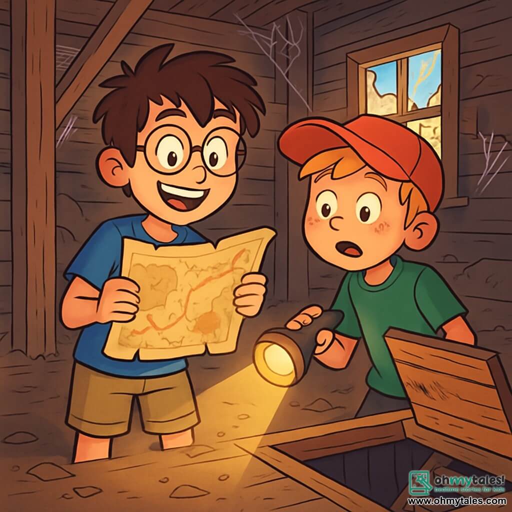 There are two main characters: Sam, a 12-year-old boy with messy brown hair and round glasses, wearing a blue t-shirt and beige shorts, holding an old treasure map and smiling with excitement; and Jake, a 12-year-old boy with blond hair and freckles, wearing a red cap and a green t-shirt, looking at Sam with wide eyes while holding a flashlight ready to light their way. The main setting is an old abandoned mill with weathered wooden walls, broken windows letting in beams of golden light, and cobwebs in the dark corners. The floor is covered in dust and debris, and a creaking wooden trapdoor reveals a staircase leading to a mysterious cellar. The main situation shows Sam and Jake standing in front of the open trapdoor, their faces illuminated by the flashlight's light, filled with excitement and anticipation, ready to descend into the darkness in search of hidden treasure, with determined expressions and racing hearts.