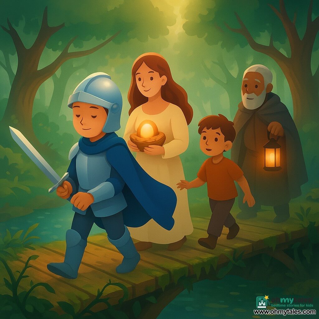 Sir Rowan, a young knight in a shining silver helmet with lowered visor and a calm, kindly expression, holds a gleaming sword and gently parts brambles while his deep-blue cloak billows; Lady Clara, about 20, in a cream dress stands just behind him near the middle of the moss-covered wooden bridge holding a small golden wicker nest with a glowing egg to her chest; Pip, about 10, small and lively with light brown hair, watches the knight admiringly and steps cautiously on the planks slightly behind Clara; Old Thomas, about 65, in a worn cloak carries an iron lantern lighting the cracked wood and brings up the rear. The setting: an ancient mossy bridge over a sparkling river in the Forest of Whispers with twisted trunks, emerald leaves and filigree shadows and sunbeams piercing the canopy. Main situation: a tense crossing of a rickety bridge in a mysterious forest, softly reassuring mood despite danger, warm colors, gentle contrasts and sharp details (cracked planks, water drops, metallic helmet texture, wicker weave).