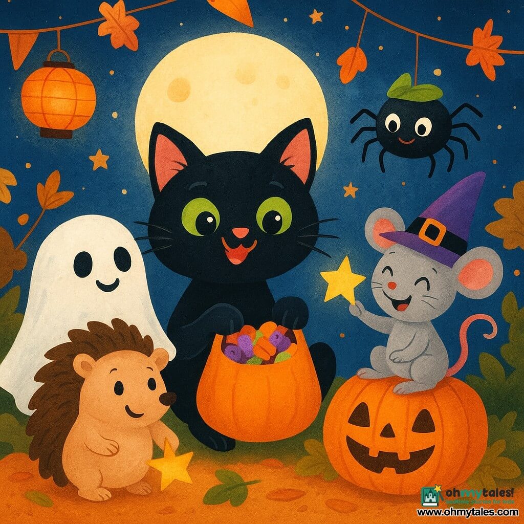 Whiskers, a small black cat with sparkling green eyes, sits in the center of a garden illuminated by orange lanterns and smiling pumpkins. She looks joyful and curious, filling bags with colorful candies using her tiny paws. Next to her, Hedgehog, a brown-spiked hedgehog, wears a white sheet pretending to be a ghost, with a mischievous smile. He is just to her left, eagerly looking at the bags. Squeaky, a small gray mouse with a wizard hat, perches on a pumpkin, laughing and holding a shiny star. Spike, a long-legged black spider, hangs from a web dressed as a pirate with a small leaf hat, watching the scene with a sly expression. The garden is adorned with garlands of golden leaves, twinkling lanterns, and a large full moon illuminating the night. The main scene shows the friends gathered, ready to share stories and treats under a starry sky, filled with joy and excitement for their Halloween celebration.