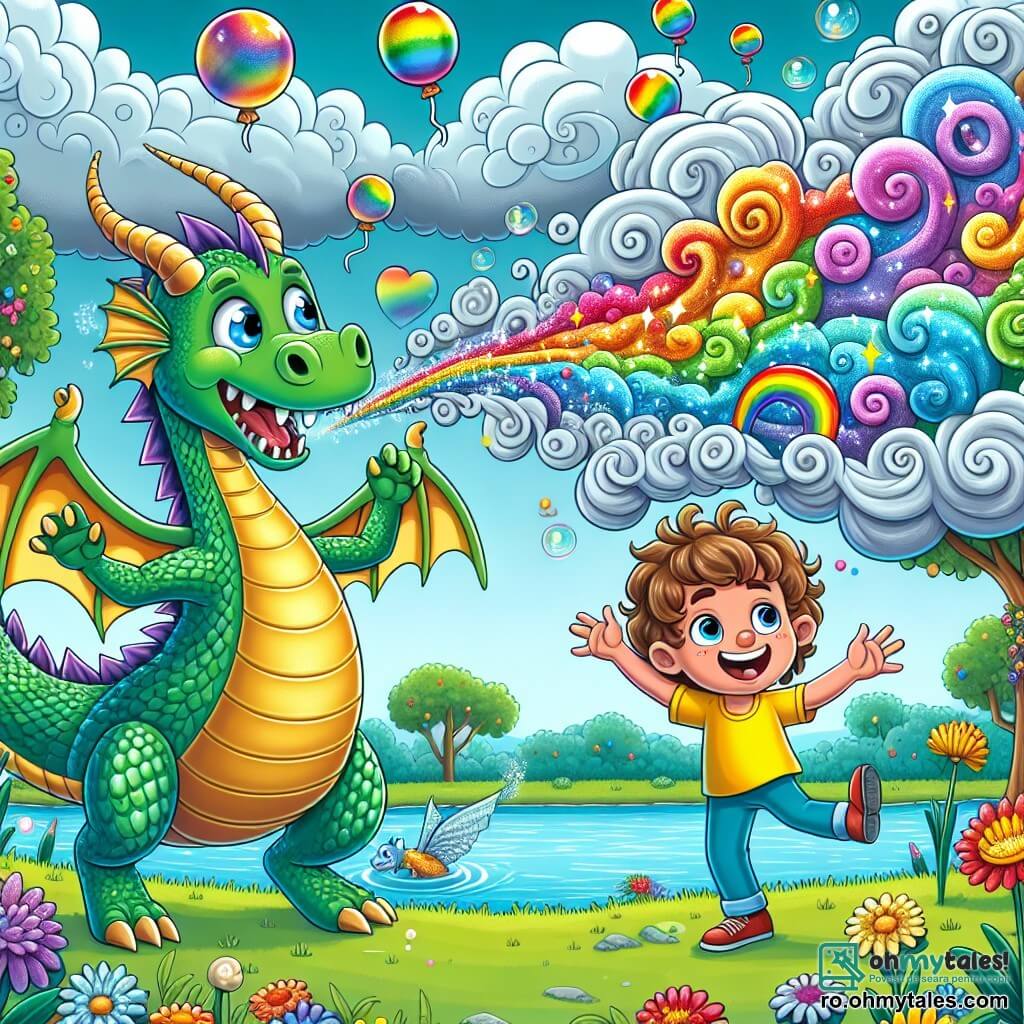 Un dragon numit Fumegător, cu solzi verzi strălucitori și ochi jucăuși, suflă nori de fum colorat în aer, creând curcubee de fum. Zâmbi, un băiat de 8 ani cu părul creț și un tricou galben strălucitor, dansează energic lângă el, râzând de bucurie. Se află pe malul unui lac strălucitor, înconjurat de flori colorate și copaci mari cu frunze strălucitoare, sub un cer albastru deschis cu nori pufoși. Scena reprezintă celebrarea prieteniei lor, cu bule de bucurie și baloane colorate în jur, creând o atmosferă festivă și magică.