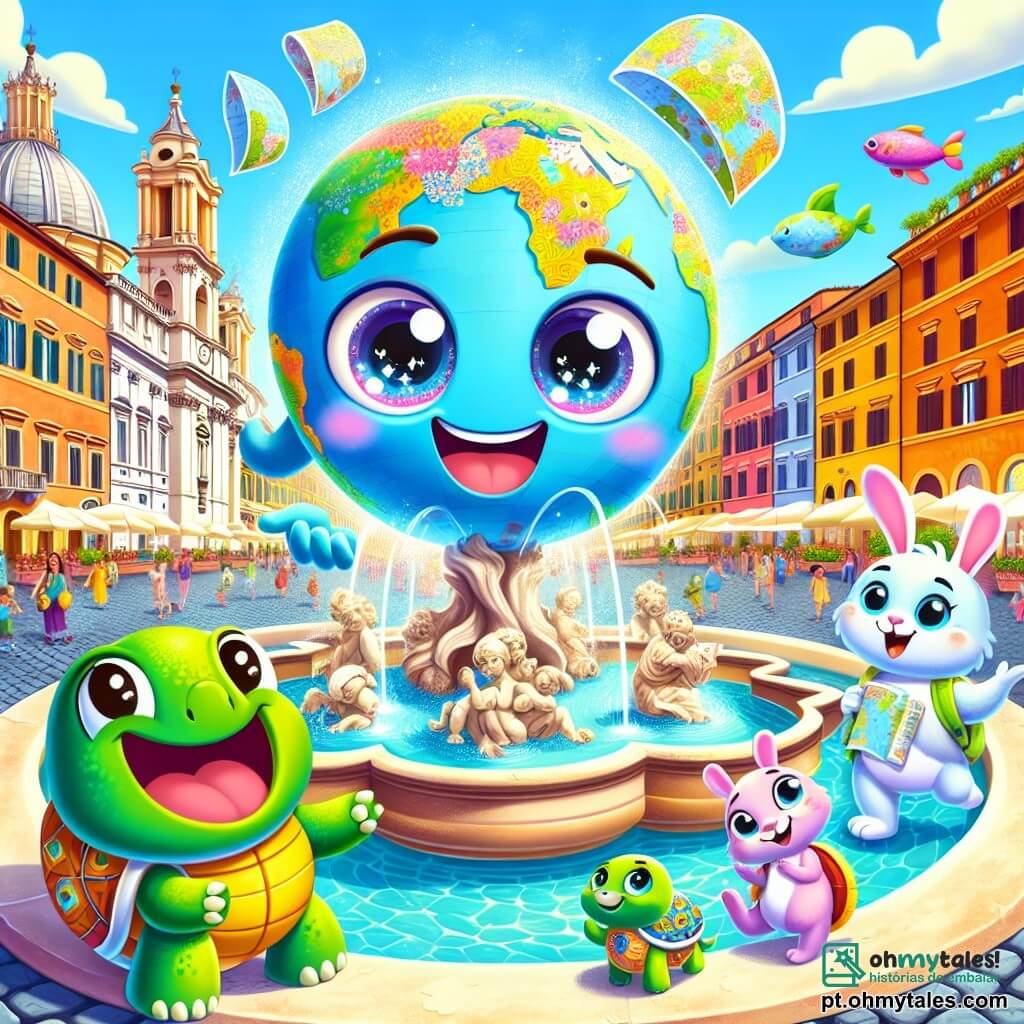Globi, um globinho colorido com um sorriso alegre e olhos brilhantes, flutua no ar, cercado por mapas e pequenas nuvens, expressando grande excitação ao descobrir a beleza de Roma. Ao seu lado, Tina, uma pequena tartaruga verde com uma carapaça decorada com padrões florais, observa ao seu redor com admiração, seus olhos brilhando de curiosidade, enquanto segura um mapa da cidade com suas patas. Roger, um coelhinho travesso com grandes orelhas brancas, salta alegremente, seu rosto radiante de felicidade, enquanto aponta para uma magnífica fonte. A cena acontece na Piazza Navona, uma praça movimentada de Roma, cercada por edifícios históricos de fachadas coloridas, com artistas de rua e famílias aproveitando o sol. No centro, uma majestosa fonte adornada com esculturas de água jorra, adicionando um toque mágico à atmosfera festiva. Globi e seus amigos estão em busca de uma pintura perdida, cheios de entusiasmo e aventura, prontos para explorar cada canto desta cidade fascinante.