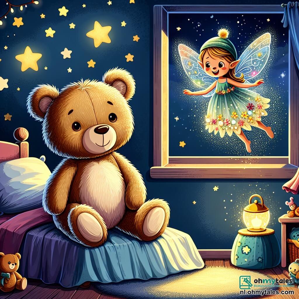 Een kleine teddybeer met zachtbruine vacht en ronde, glanzende ogen zit op een knus bed met een bezorgde uitdrukking op zijn gezicht. Hij kijkt om zich heen, zijn kleine pootjes tegen zijn lichaam gedrukt, alsof hij bang is voor het donker. Naast hem zweeft een klein, stralend elfje met glinsterende vleugels en een jurk van bloemblaadjes vrolijk in de lucht. Haar gezicht straalt en is geruststellend, en ze glimlacht naar de beer om hem te troosten, terwijl ze de kamer verlicht met haar zachte licht. De scène speelt zich af in een warme kinderkamer met nachtblauwe muren, versierd met zwak schitterende gouden sterren. Een sterrenhemel is zichtbaar door een open raam en kleurrijke speelgoedjes liggen verspreid op de vloer. In deze situatie krijgt de beer, die een beetje bang is voor de duisternis, steun van het stralende elfje dat hem laat zien dat het donker magisch en troostend kan zijn, waardoor zijn angst verandert in verwondering.