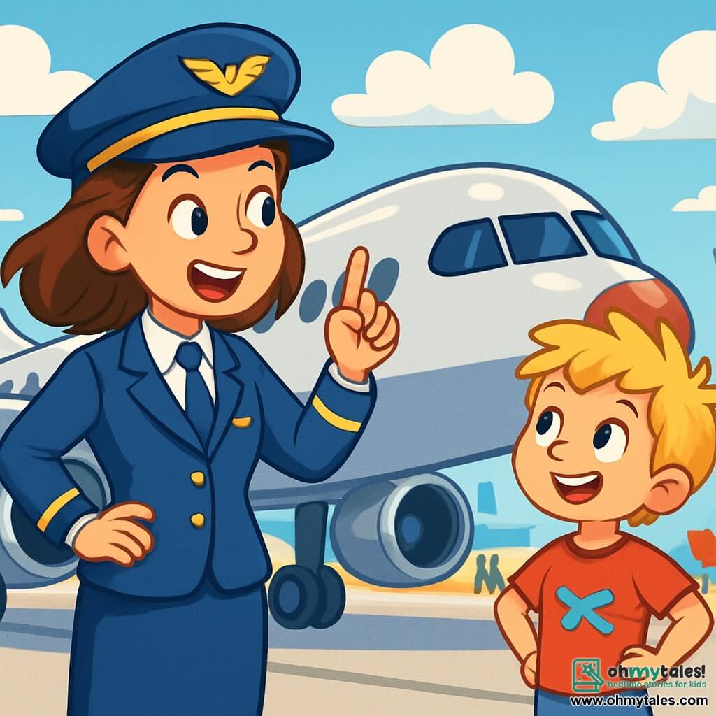 A female pilot, Captain Anna, stands proudly next to her shiny silver airplane, with a big joyful smile on her face. She wears a stylish blue uniform and a hat with golden wings, her brown hair gently blowing in the wind. Next to her, a 7-year-old boy named Oliver looks on with wide eyes, amazed by the airplane. He has messy blond hair and wears a red t-shirt with an airplane design. He stands slightly back, hands on his hips, eager to learn more about flying. The scene takes place on a sunny airport tarmac, with fluffy white clouds in the blue sky. In the background, other colorful airplanes are parked, and airport staff bustle around. The main situation shows Captain Anna explaining to Oliver how airplanes fly, using animated gestures and laughter, while the little boy listens attentively, his eyes shining with excitement.