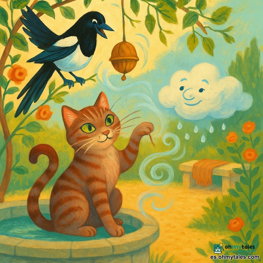 Lino, un gato atigrado sereno y travieso de ojos verdes y pelaje rojizo y gris, sobre el borde de una fuente de piedra con una pata levantada y la cola en S; Brina, una urraca de plumaje blanco y negro con reflejos azules, posada en una rama de vid con un ala ligeramente abierta; el Duque del Rocío, una pequeña nube baja y translúcida con gotas de rocío colgando como perlas, flotando junto a una campanilla hecha de cáscaras de nuez; el Señor Aire, un torbellino diáfano que envuelve la campanilla trayendo una brisa suave; jardín cerrado y antiguo con fuente seca y sapo tallado, camino de grava pálida, banco de piedra con manta de lana, rosales y vid formando un arco; la brisa hace tintinear la campanilla, las hojas se estremecen, brotes emergen y las gotas de rocío brillan, atmósfera de suave despertar en colores cálidos de mañana (amarillo pálido, verde tierno, toques óxido y azul cielo), estilo pintura acrílica detallada con texturas visibles.