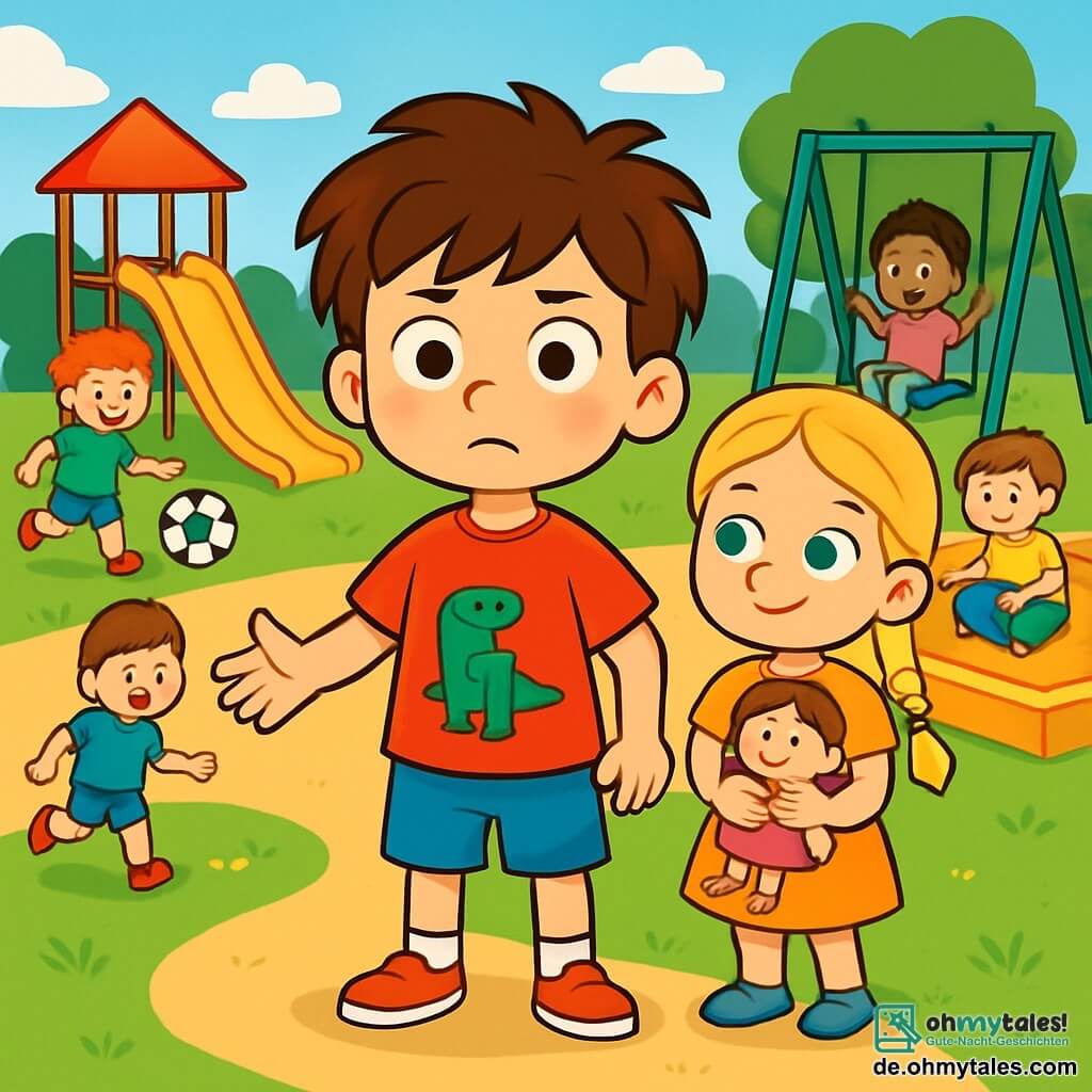 Emil, ein 6-jähriger Junge mit zerzausten braunen Haaren und neugierigen Augen, steht entschlossen und etwas besorgt in der Mitte eines sonnigen Spielplatzes. Er trägt ein rotes T-Shirt mit einem Dinosaurier und eine blaue Shorts. Neben ihm steht seine beste Freundin Lina, ein 6-jähriges Mädchen mit geflochtenen blonden Haaren und blauen Augen, die Emil ermutigend anlächelt und eine Puppe in den Armen hält. Der Spielplatz ist mit bunten Spielgeräten gefüllt: einer gelben Rutsche, grünen Schaukeln und einer großen goldenen Sandkiste. Kinder spielen herum, einige mit Bällen, andere mit Spielzeug. Emil schlägt entschlossen vor, dass seine Kameraden zusammen ein neues Spiel spielen, bei dem jeder sein Lieblingsspielzeug auswählen kann, egal ob Puppen oder Autos, damit alle gemeinsam Spaß haben.