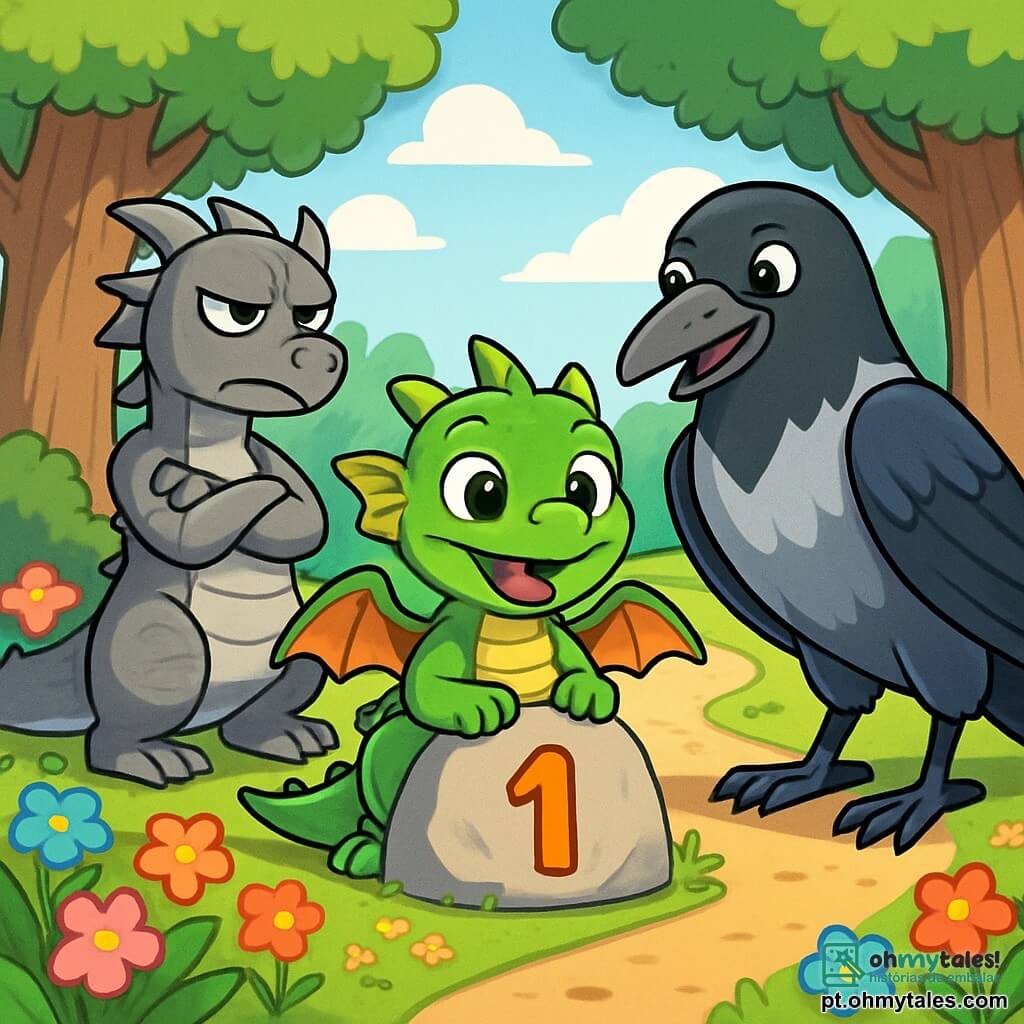 Um pequeno dragão verde com escamas brilhantes, chamado Filo, está no centro da cena, com olhos brilhando de excitação e um sorriso radiante. Ele está sentado em uma pedra pintada com o número um, cercado por flores coloridas que dançam ao vento. À sua direita, uma grande e sábia corvo com penas pretas e prateadas, Orik, observa Filo com um olhar benevolente e encorajador, suas asas levemente abertas como se quisesse proteger seu amigo. À esquerda, um dragão mais velho, Zark, com escamas cinzas e olhos frios, cruza os braços com uma expressão de desprezo, mantendo-se um pouco afastado, como se quisesse zombar de Filo. O local é o Parque das Descobertas, um espaço mágico cheio de árvores majestosas e flores vibrantes, com caminhos sinuosos de terra batida que levam a clareiras ensolaradas. A cena principal mostra Filo, concentrado e feliz, associando pedras numeradas a criaturas da floresta, enquanto Orik o encoraja e Zark, ao fundo, observa com uma expressão desaprovadora.