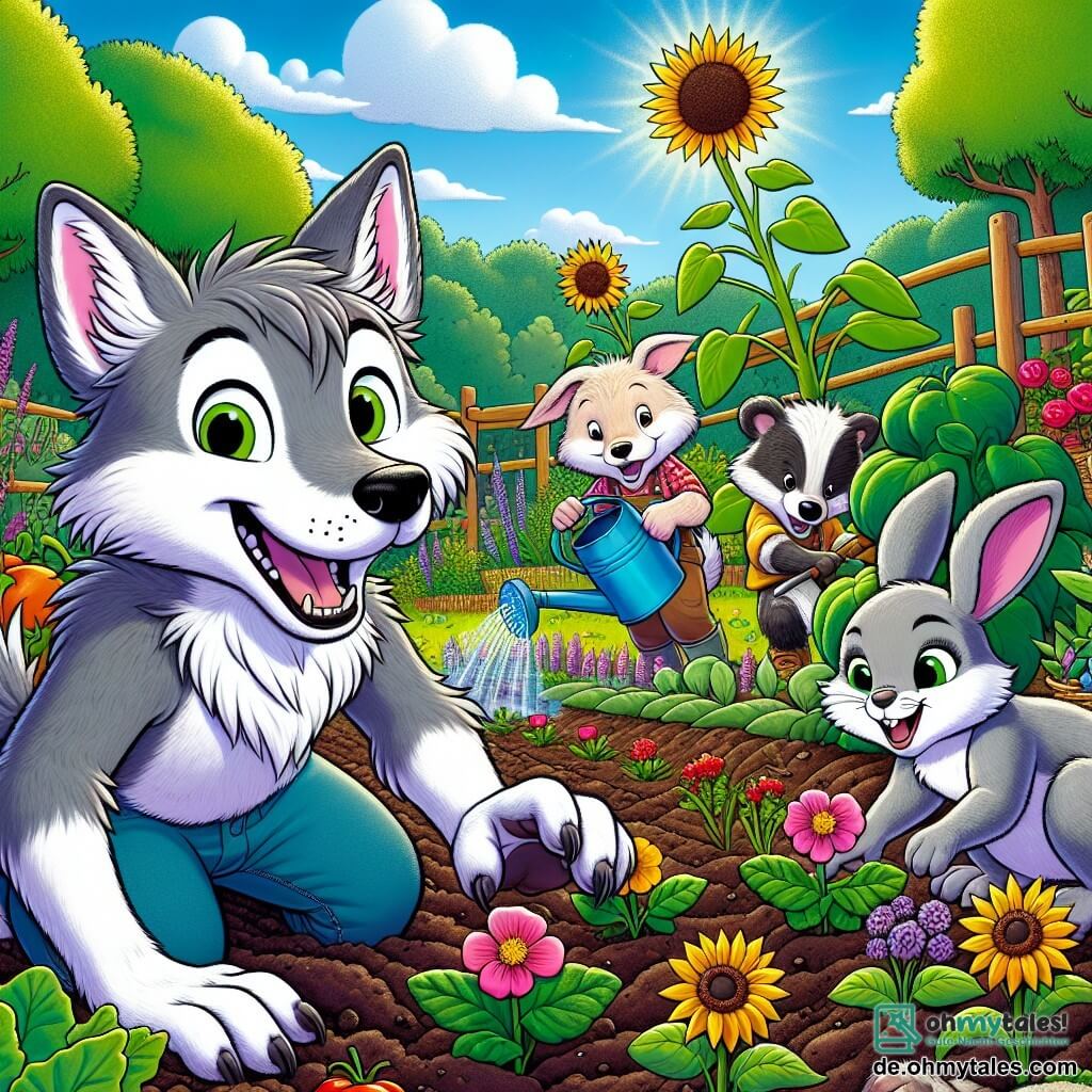 Ein junger Wolf namens Finn mit weichem grauem Fell und neugierigen Augen steht im Mittelpunkt des Bildes und lächelt fröhlich, während er Blumenkerne in einen sonnigen Garten pflanzt. Neben ihm gräbt Lila, ein kleiner Hase mit großen weißen Ohren und glänzenden Augen, begeistert die Erde und zeigt einen entschlossenen Ausdruck. Max, ein dicker Dachs mit braunem Fell und robusten Pfoten, gießt die Pflanzen mit einer Gießkanne und lächelt zufrieden. Der Garten ist üppig, gefüllt mit bunten Blumen, leuchtendem Gemüse und großen Sonnenblumen, die sanft im Wind wiegen. Im Hintergrund säumen majestätische Bäume den Garten, und der Himmel ist leuchtend blau mit flauschigen weißen Wolken. Die Szene strahlt eine Atmosphäre von Kameradschaft und Glück aus und zeigt Teamarbeit und die Freude des Sommers.