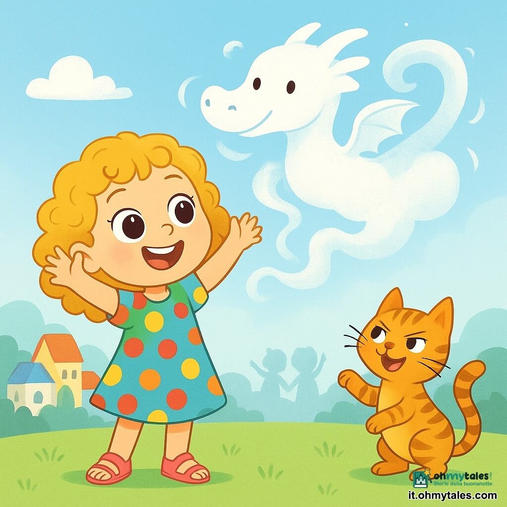 Una bambina di 4 anni, Mia, con grandi occhi scintillanti di gioia e capelli ricci e dorati, sorride alzando le braccia per far apparire un drago di nebbia. Indossa un vestito colorato a pois e sandali rosa, in piedi su un prato verde brillante. Accanto a lei, un gatto parlante di nome Tommaso, un gatto tigrato dagli occhi maliziosi, si tiene sulle zampe posteriori con un'espressione birichina, pronto a saltare sul drago di nebbia. Sullo sfondo, un villaggio pittoresco con case dai tetti colorati si staglia sotto un cielo azzurro chiaro, mentre una dolce nebbia avvolge il paesaggio. La scena mostra Mia mentre piega la nebbia per creare un drago sorridente che si alza in volo, circondato dalle risate di bambini meravigliati che guardano con occhi spalancati.