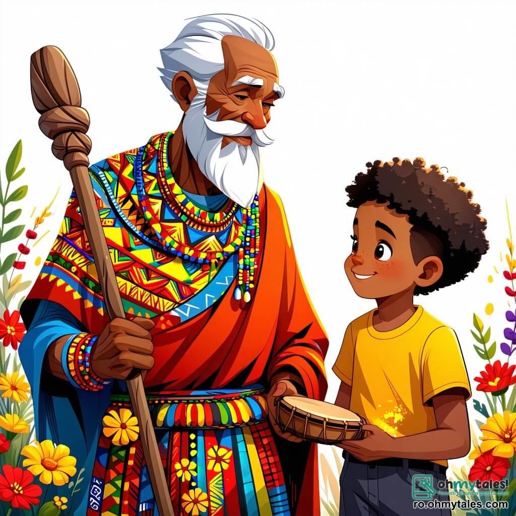 Kofi, un bărbat în vârstă cu o barbă lungă albă ca zăpada, poartă o tunică colorată împodobită cu motive africane vibrante. Fața lui exprimă înțelepciune și liniște, în timp ce ține un baston din lemn sculptat, înconjurat de flori strălucitoare. Lângă el, un băiat de zece ani, cu părul creț și ochi strălucitori, îl observă pe Kofi cu admirație, ținând un tambur din lemn. Decorul se desfășoară lângă un pârâu strălucitor, unde apa limpede dansează pe pietrele netede, iar copacii măreți cu frunze verzi oferă umbră. Flori sălbatice cu culori strălucitoare marginesc calea, creând o atmosferă veselă și primitoare. Situația principală îl arată pe Kofi explicând copiilor din sat importanța armoniei între tradiții, în timp ce băiatul bate ritmul pe tambur, invitând ceilalți copii să danseze în jurul lor, creând o scenă plină de viață și culori.