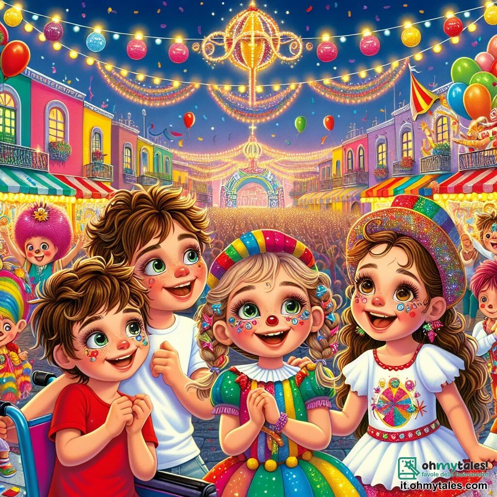 Quattro bambini, due ragazzi e due ragazze, si trovano al centro di una scena di carnevale colorata. Luca, un ragazzo di 8 anni con i capelli castani in disordine e una maglietta rossa, sorride con meraviglia. Alla sua destra, Sara, una ragazza di 7 anni con i capelli biondi intrecciati, indossa una maschera di carnevale scintillante e balla gioiosamente. A sinistra, Tommaso, un ragazzo di 9 anni in sedia a rotelle, ha gli occhi scintillanti di gioia e indossa un cappello da clown colorato. Infine, Giulia, una ragazza di 6 anni con riccioli bruni, tiene una bacchetta magica e guarda gli altri con un grande sorriso. Lo sfondo è una piazza animata, decorata con ghirlande di luci multicolori, palloncini fluttuanti e stand di dolci. La scena principale mostra i bambini affascinati da un mago con un grande cappello, che ha appena fatto apparire una colomba bianca. Sono catturati dalla magia e dall'amicizia che li unisce, pronti a scoprire il segreto del carnevale.