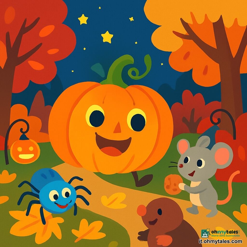 Al centro dell'immagine, una grande e gioiosa zucca di nome Piuma, con un sorriso splendente e occhi rotondi e maliziosi, danza su un sentiero bordato di foglie dorate. Accanto a lei, un piccolo ragnetto blu di nome Bluino, con zampe delicate e un'aria birichina, salta felice da una foglia all'altra. Più lontano, un piccolo topo grigio, Tim, tiene un biscotto tra le sue zampette, mentre la talpa Gina osserva la scena con un sorriso meravigliato. Lo sfondo è una deliziosa foresta autunnale, con alberi dalle foglie rosse e dorate e un cielo stellato che brilla sopra. Piuma e i suoi amici ballano e ridono insieme, celebrando gioiosamente la notte di Halloween, circondati da dolcetti e luci scintillanti, pronti per un'avventura indimenticabile.
