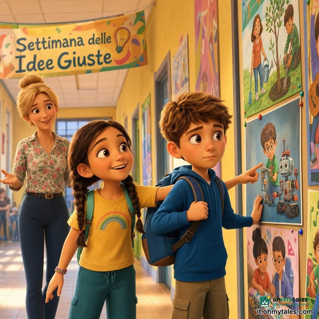 Un ragazzo di 8 anni, Nico, viso rotondo, capelli castani e qualche lentiggine, sguardo esitante ma curioso e labbra serrate, con un cartella blu sulla spalla mentre sfiora un pannello colorato; accanto a lui Amina, 8 anni, pelle abbronzata e treccia, sorriso sicuro e indica un poster di robotica; la maestra Serena, circa 35 anni, capelli biondi raccolti e camice a fiori, sta dietro di loro con le mani aperte come per incoraggiare; il corridoio scolastico è luminoso con pareti giallo pastello e grandi poster colorati, incluso un pannello con la scritta Settimana delle Idee Giuste; l'atmosfera è calda e ottimista, luce morbida su Nico che si volta verso le attività.