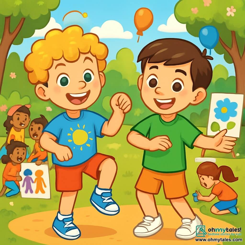 An 8-year-old boy, Leo, with curly golden hair, joyfully smiles, his eyes sparkling with curiosity. He wears a bright blue t-shirt with a sun pattern and red shorts, dancing enthusiastically on a playground. Next to him, Max, an 8-year-old boy with smooth brown hair, wears a green t-shirt and white sneakers, showing dance moves with a big smile on his face. In the background, a group of children of different backgrounds, boys and girls, are having fun together, some painting colorful posters on equality, while others play games. The location is a sunny park, filled with greenery, flowering trees, and balloons floating in the air. The main scene shows Leo and Max celebrating diversity and equality, surrounded by friends in a joyful and festive atmosphere.
