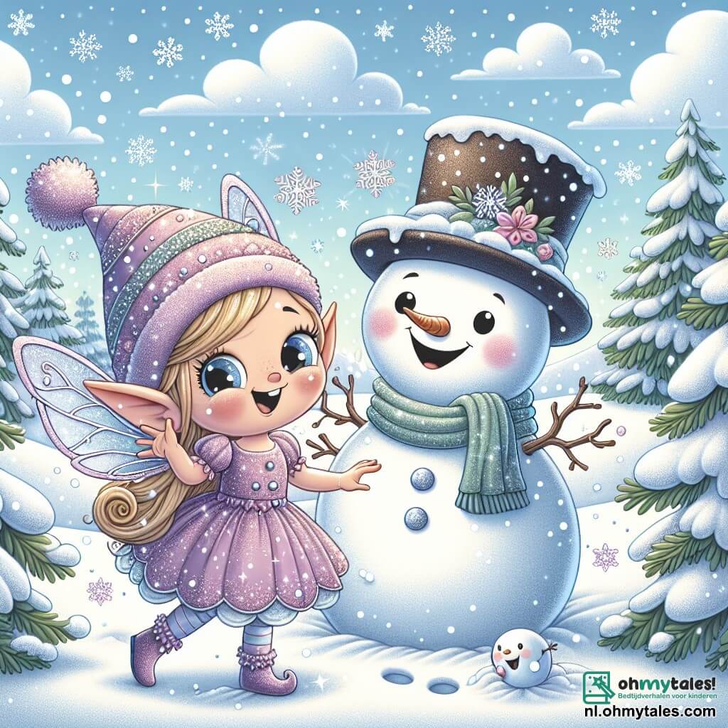 Lila, een vrolijk elfje met lange glinsterende vleugels en een paarse jurk, glimlacht verwonderd terwijl ze naar de vallende sneeuw om zich heen kijkt. Haar ogen stralen van opwinding en ze springt in de verse sneeuw, terwijl ze voetafdrukken achterlaat. Naast haar staat Tim, een ronde en lachende sneeuwman met een hoge hoed en een wortel als neus. Hij lacht vrolijk, met zijn takkenarmen omhoog, klaar om met Lila te spelen. De omgeving is een betoverend winterlandschap met met sneeuw bedekte dennenbomen, glinsterende sneeuwvlokken in de lucht en een helderblauwe lucht met witte wolken. In de verte zijn besneeuwde heuvels zichtbaar, wat een magische setting creëert. De hoofdscène toont Lila en Tim die samen in de sneeuw spelen, terwijl ze een grote sneeuwpop bouwen, omringd door zacht vallende vlokken, wat de vrolijke geest van de winter vastlegt.