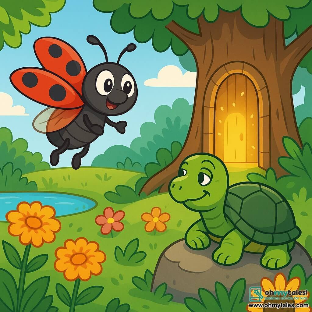 A ladybug named Lila, with bright red wings dotted with small black spots, joyfully flies in a sunny garden, her eyes sparkling with curiosity and wonder. Next to her, a wise old turtle named Terrence, with a shiny green shell and deep wrinkles, watches her with a kind smile, sitting on a rock covered in soft moss. The garden is filled with colorful flowers, golden marigolds, and giant sunflowers, while a small pond sparkles in the distance, surrounded by vibrant green leaves. Lila discovers a magical door in the trunk of a large oak tree, illuminated by a golden light, ready to venture into an enchanted world.