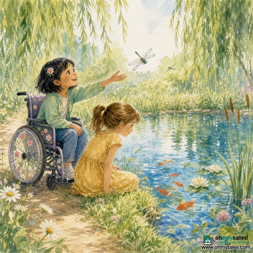 Two girls by a small circular pond: one about eight with light brown hair in a ponytail wearing a yellow polka-dot dress sits on green grass by the water leaning to watch orange fish; the other about nine in a wheelchair with short black hair and a floral clip, a light green jacket and a flower-decorated seat sits beside her smiling and reaching toward a hovering dragonfly; the pond is surrounded by tall grasses and weeping willows, clear blue-green water with white water lilies, reeds and dragonflies on the surface, a beige dirt path edged with daisies and clover; springtime, soft luminous mood in a pastel palette and delicate watercolor strokes with visible paper texture.