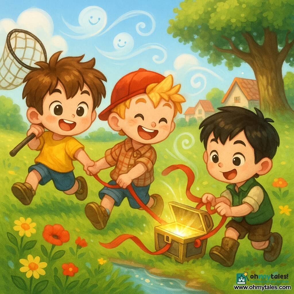 Three boys, about six years old: a tousled brown-haired boy with rosy cheeks in a yellow T-shirt and blue shorts on the left, jumping with a large rope net over his shoulder; a blond boy with spiked hair and freckles in the center, wearing a red cap and plaid shirt, running while pulling an open shiny box toward the wind; and a sleek black-haired boy on the right with a sly look, wearing a green vest and muddy boots, tying a long red ribbon around the box while laughing; they stand in a sunny meadow of bright green grass and colorful flowers (yellow daisies, red poppies) with a sparkling stream behind and a large leafy oak to the right and a few tile-roofed cottages in the distance; translucent smiling whirlwinds of wind play around them, making the net billow, the box gleam and the ribbon float in a lively, humorous, slightly magical scene with vivid colors and exaggerated expressions.