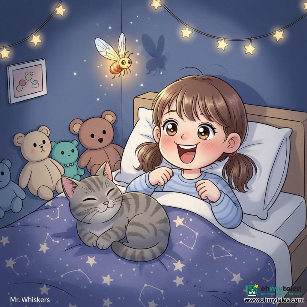 A 10-year-old girl with a round face and brown pigtails, big bright eyes and a playful grin, makes a funny face in bed while trying to stifle a yawn; Mr. Whiskers, a gray tabby, purrs at the foot of the bed watching her; Flick, a small magical firefly with a golden glow and translucent wings, hovers above the star-patterned blanket casting soft light and dancing shadows on the navy walls hung with a star garland, plush toys scattered—warm, cozy, softly lit atmosphere.
