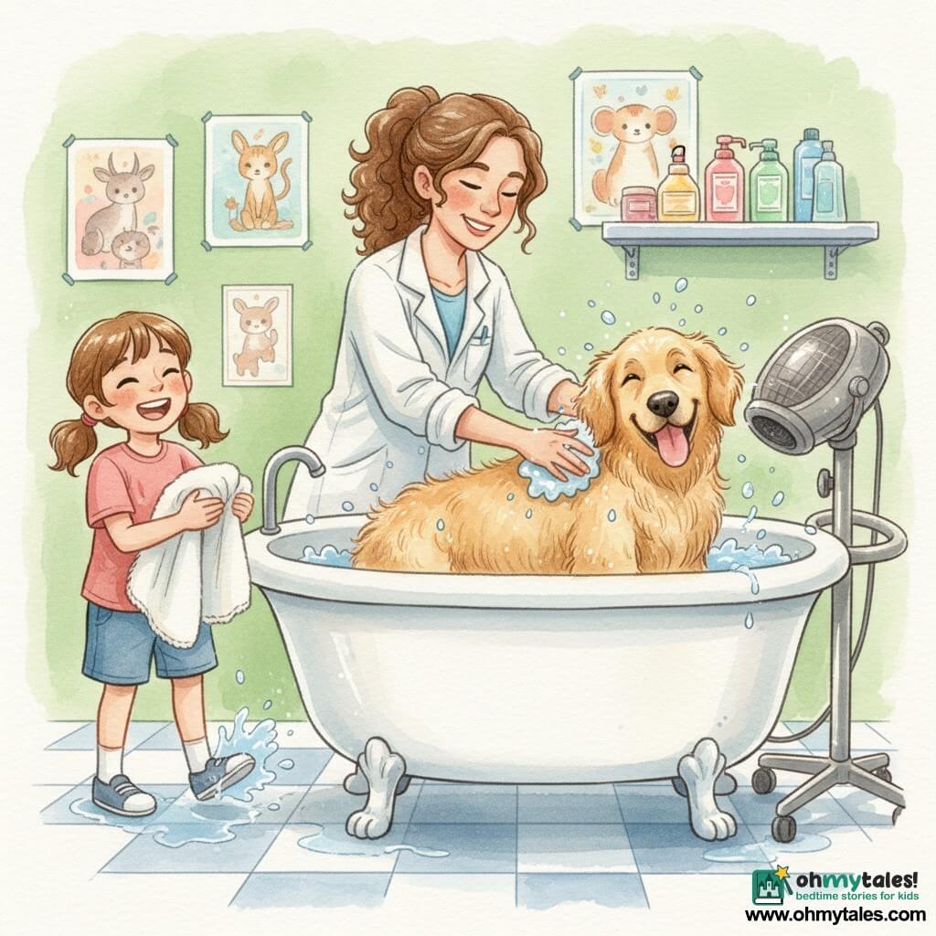 Dr. Lily Baxter, a smiling compassionate adult veterinarian with curly brown hair in a ponytail and a slightly wrinkled white coat, gently washes a large dog in a tub; nearby, 10-year-old Mia with brown pigtails laughs holding a fluffy towel, water splashing on her shoes; in the central tub, Rufus the Golden Retriever has wet golden fur, tongue out and a joyful expression as he shakes, throwing sparkling droplets; the small vet clinic grooming room has apple-green walls with animal posters, wet white-and-blue tiles, metal shelves of colorful shampoos and a large dryer on a cart; soft warm light with watercolor highlights and tiny white glints on droplets and fur creates a bright, childlike, reassuring scene of tender care, splashes and laughter.