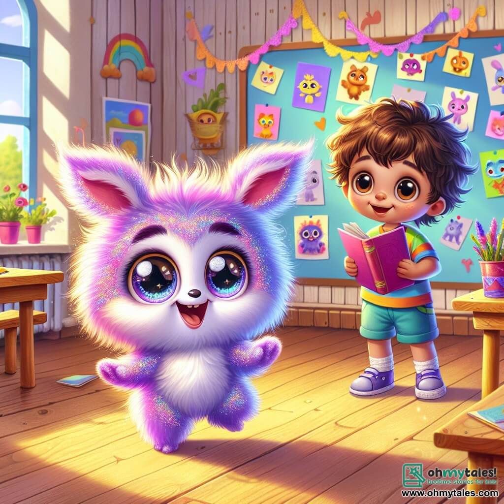 An illustration depicts a small creature with soft, fluffy fur shimmering in shades of lavender and pink. It has large, round eyes sparkling with joy and small wings gently fluttering. It dances with a bright smile, full of enthusiasm and happiness. Next to it, a little boy with curly brown hair, wearing a colorful t-shirt and shorts, looks on with admiration. He has a smiling face, but there’s a glint of apprehension in his eyes as he feels nervous. He holds a book in his hands, ready to share a story. The main setting is a bright classroom with warm wooden walls, sunlight streaming through the windows, and colorful posters hanging. Wooden tables are arranged in a circle, and children's drawings decorate the blackboard. The main scene shows the little creature joyfully dancing in front of its classmates while the little boy stands beside it, preparing to tell a story. The atmosphere is filled with laughter and excitement, with classmates applauding and smiling around them. Additional graphic elements include scattered colored pencils on the tables, open books, and paper flowers hanging from the ceiling, adding a touch of magic and creativity to this joyful scene of learning and friendship.