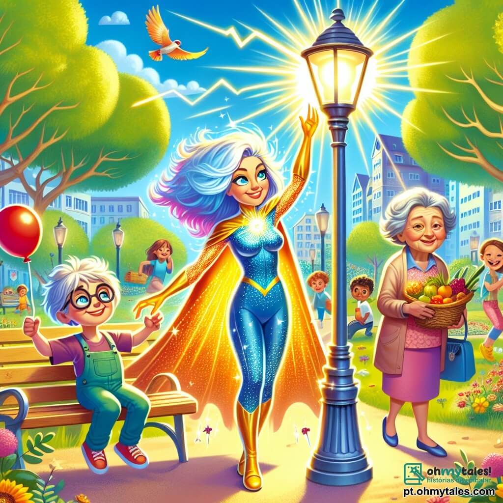 Aurora Relâmpago, uma mulher com cabelos azul elétrico e olhos cintilantes, está no centro da imagem, com um sorriso determinado e uma aura de energia ao seu redor. Ela usa uma capa dourada que brilha ao sol e levanta uma mão para acender uma lâmpada de rua, criando uma atmosfera calorosa e dinâmica. À sua direita, um menino de 7 anos, com óculos redondos e cabelos castanhos bagunçados, admira Aurora enquanto segura um balão vermelho. À sua esquerda, uma senhora de 70 anos, com cabelos prateados e um sorriso gentil, observa-a com gratidão, segurando uma cesta de frutas. A cena acontece em um parque animado, cheio de árvores verdes, flores coloridas e bancos de madeira onde famílias descansam. Ao fundo, crianças brincam e riem, enquanto pássaros voam em um céu azul claro. A situação principal mostra Aurora usando seus poderes para ajudar a comunidade, acendendo uma lâmpada de rua apagada, trazendo alegria e segurança aos moradores do bairro.