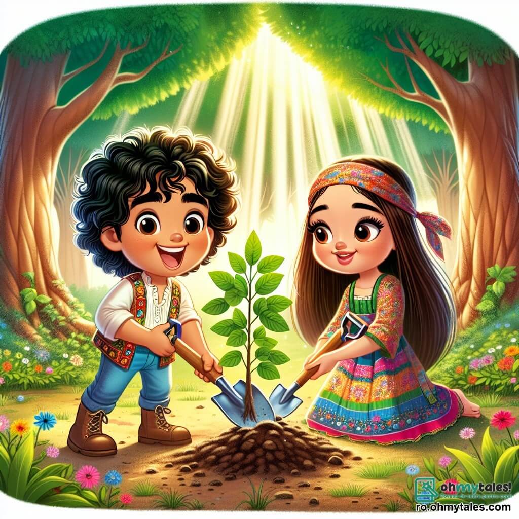 Aladdin, un băiat de aproximativ 10 ani, cu părul negru și creț, poartă o pereche de pantaloni colorați și o vestă ușoară. Fața lui este iluminată de un zâmbet larg, arătându-și entuziasmul în timp ce plantează un copac tânăr într-un sol fertil. Lângă el, Jasmine, o fetiță de 9 ani cu părul lung și brunet și ochi strălucitori, este în genunchi, ținând o mică lopată. Ea poartă o rochie colorată cu motive florale, iar expresia ei este plină de determinare și bucurie. Mediul lor este o pădure fermecată, unde copacii măreți se înalță în jurul lor, frunzele lor strălucitoare și verzi creând un acoperiș luminos. Flori colorate împânzesc solul, iar un raze blând de soare filtrează prin crengi, iluminând scena cu o lumină aurie. Situația principală îi arată pe Aladdin și Jasmine plantând copaci pentru a readuce viața în orașul lor, înconjurați de magia naturii, simbolizând speranța și unitatea în căutarea lor de a salva mediul.