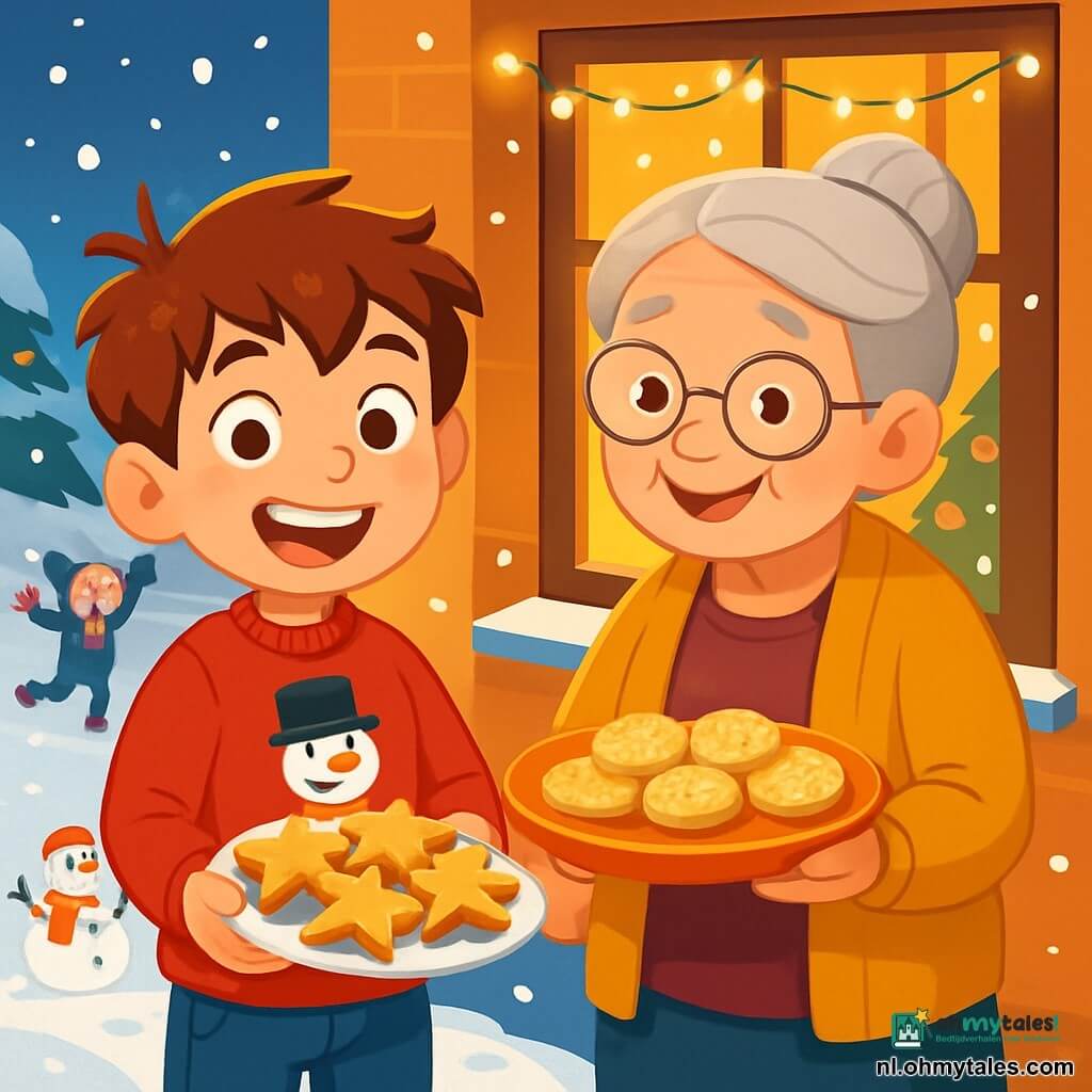 Een 8-jarig jongetje met rommelig kastanjebruin haar en sprankelende ogen houdt een bord vol heerlijke stervormige koekjes vast. Hij draagt een rode trui met een sneeuwman en een spijkerbroek, en toont een grote verwonderde glimlach. Naast hem staat zijn grootmoeder, een oude vrouw met grijs haar in een knot en ronde bril, die teder glimlacht terwijl ze een schaal met versierde koekjes met gouden glitters vasthoudt. Ze staan voor een warm verlichte woning, met glinsterende lichtjes in de ramen en een kerstboom die binnen zichtbaar is. Sneeuw valt zachtjes buiten, bedekt de grond met een witte deken, terwijl kinderen vrolijk in de sneeuw spelen, sneeuwpoppen maken en sneeuwballen gooien. De scène straalt een feestelijke en magische sfeer uit, vol gelach en gedeeld geluk.