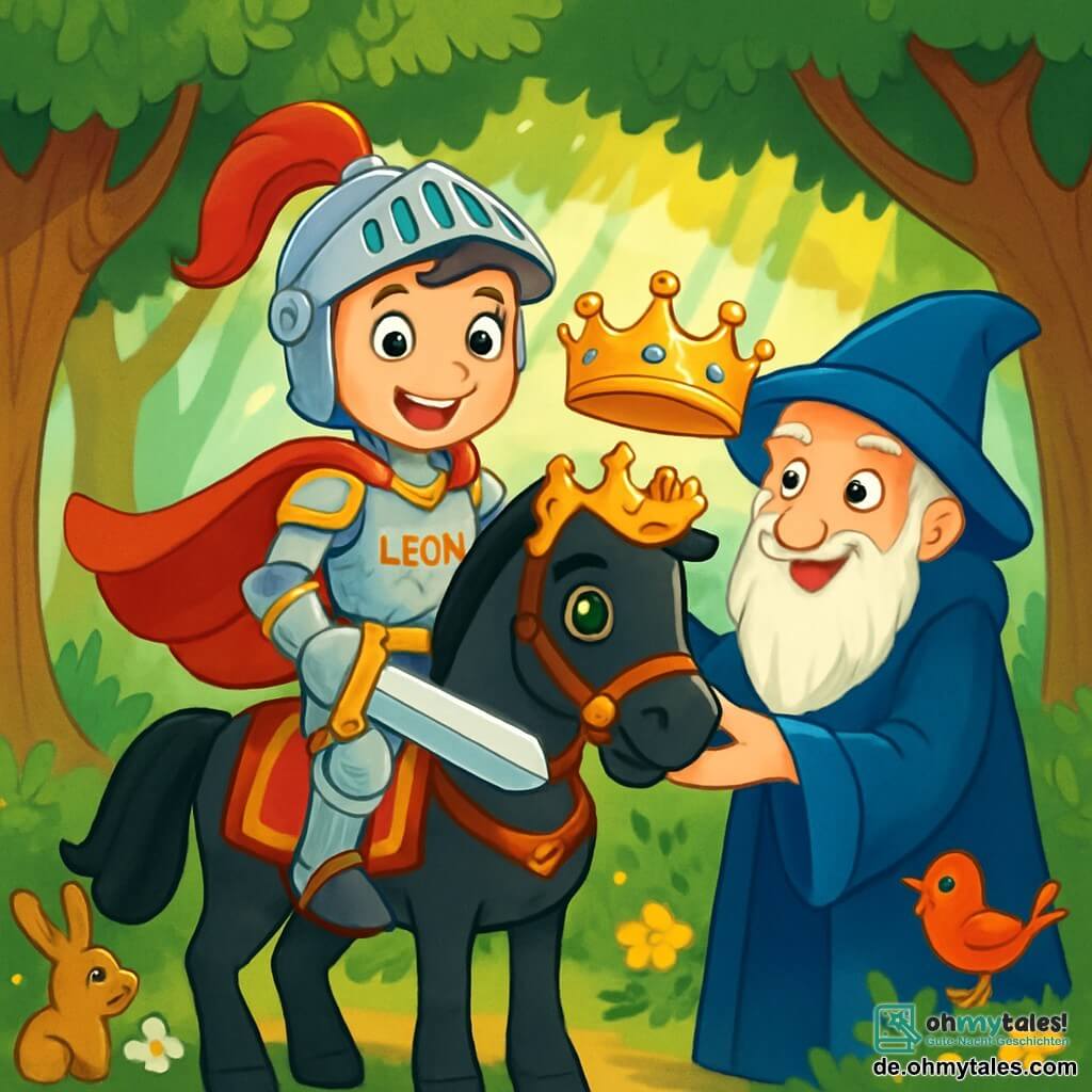 Ein junger Ritter namens Leon, mit einem strahlenden Lächeln und funkelnden Augen der Entschlossenheit, steht stolz auf seinem glänzenden schwarzen Pferd. Er trägt eine schimmernde Rüstung mit goldenen Mustern und einen roten Umhang, der im Wind weht. An seiner Seite reicht ihm ein alter, geheimnisvoller Weiser mit einem langen weißen Bart und einem blauen Samtmantel eine glänzende Krone, sein Gesicht von einem wohlwollenden Lächeln erhellt. Die Szene spielt in einem verzauberten Wald, wo große Bäume mit knorrigen Stämmen majestätisch aufragen und ihre grünen Blätter ein natürliches Dach bilden. Sonnenstrahlen filtern durch die Äste und beleuchten den Boden, der mit bunten Blumen und neugierigen kleinen Tieren übersät ist. Leon, mit der Krone auf dem Kopf, bereitet sich darauf vor, eine wichtige Herausforderung anzunehmen, entschlossen, die Allianz zwischen den Königreichen zu schützen. Die Atmosphäre ist voller Aufregung und Geheimnis, während er bereit ist, den Rat des Weisen anzuhören und sein Abenteuer fortzusetzen.