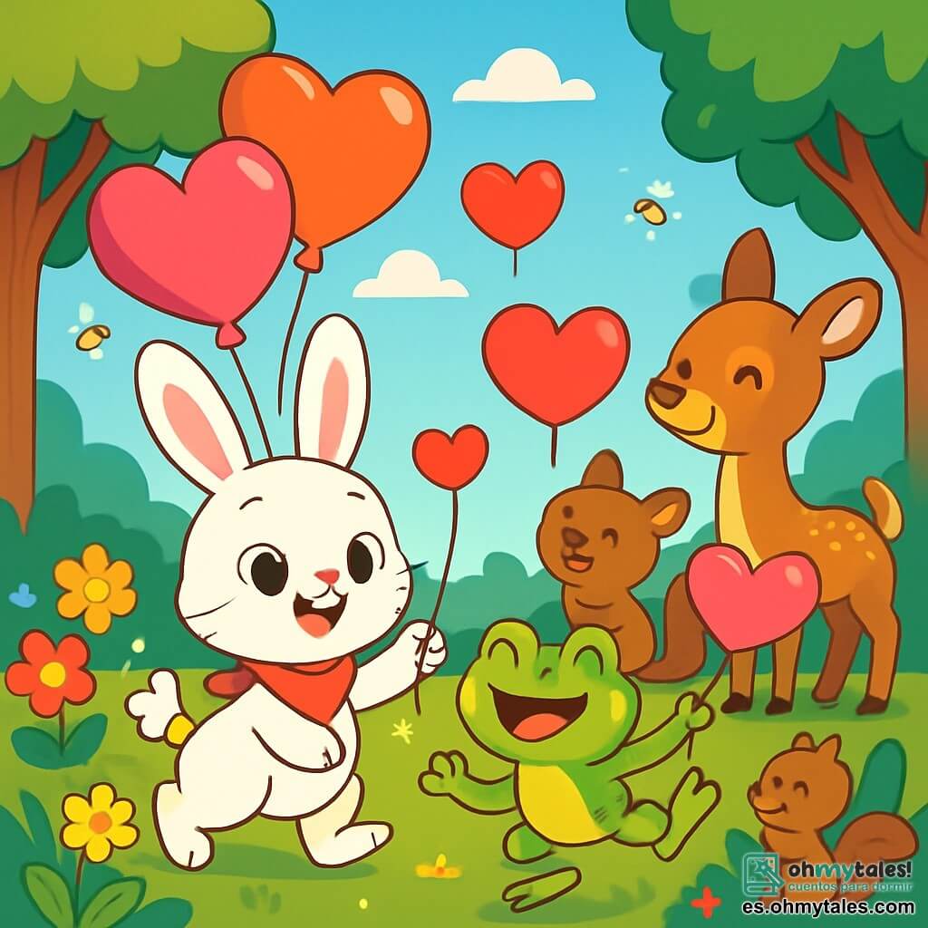Un pequeño conejo blanco llamado Valentín, con grandes ojos brillantes y una sonrisa alegre, está repartiendo globos de colores en forma de corazón a los animales del bosque. Lleva una pequeña bufanda roja alrededor del cuello y parece encantado de compartir su alegría. Junto a él, una rana verde llamada Rosi, con manchas amarillas y una gran sonrisa, salta alegremente sosteniendo una pirueta en forma de corazón. Ella está llena de energía y anima a los otros animales a participar en la fiesta. En el fondo, un claro encantado está lleno de flores brillantes de todos los colores, luciérnagas centelleantes en el aire y grandes árboles con hojas verdes. El cielo es de un azul brillante, salpicado de nubes blancas y esponjosas. La escena muestra a Valentín y Rosi celebrando el día de San Valentín, rodeados de animales felices, creando una atmósfera festiva y cálida, llena de risas y camaradería.