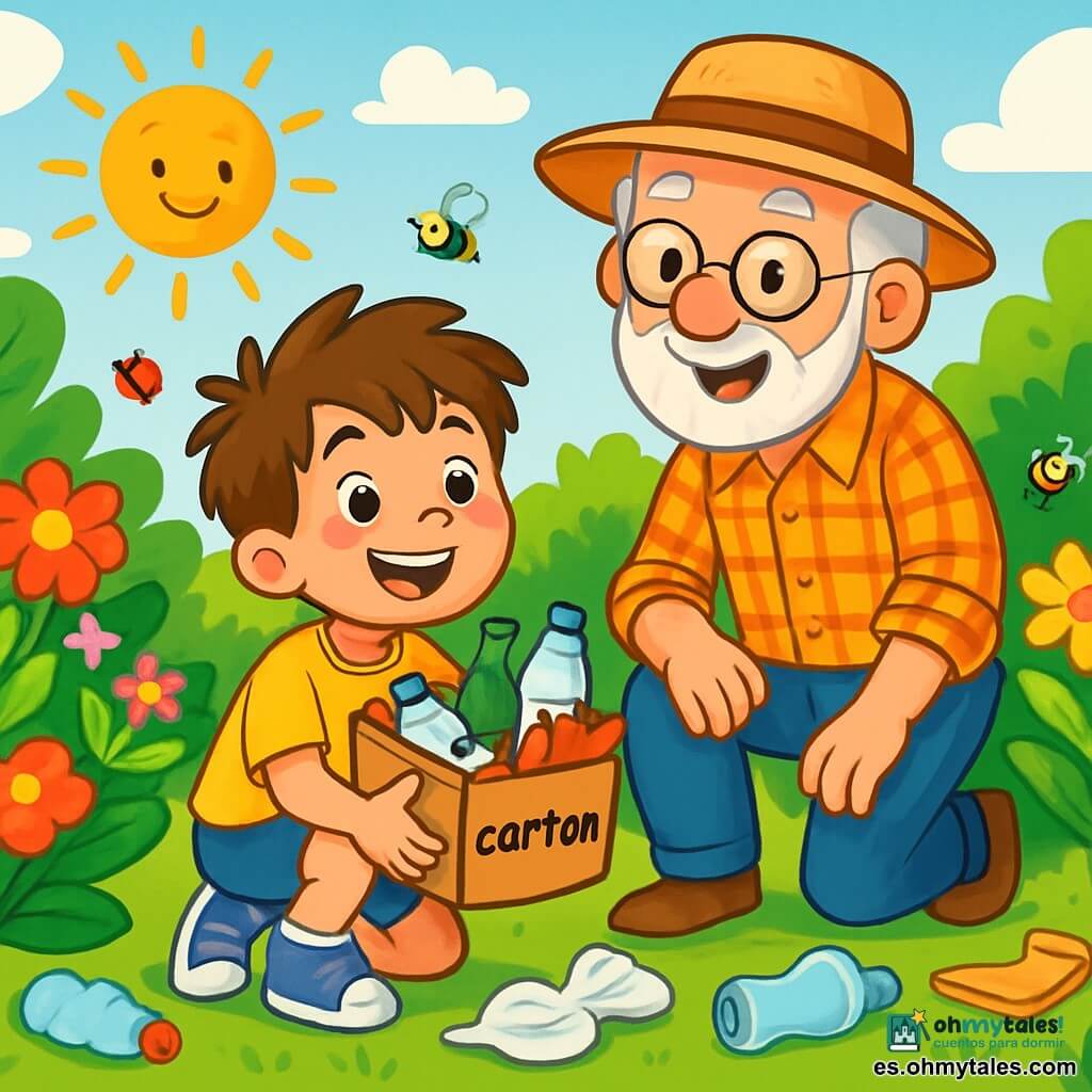 Un niño de 8 años, Lucas, con cabello castaño desordenado y ojos llenos de curiosidad, está agachado en un jardín verde, sonriendo ampliamente. Lleva una camiseta amarilla brillante y pantalones cortos de mezclilla, sosteniendo una pequeña caja de cartón llena de residuos reciclables que acaba de recoger. A su lado, su abuelo, un hombre mayor con barba gris y gafas redondas, viste una camisa a cuadros y un sombrero de paja, sonriendo orgullosamente al mirar a Lucas. Ambos están en medio de un jardín colorido, lleno de flores brillantes, arbustos verdes y pequeños insectos zumbadores, mientras limpian el jardín rodeados de basura esparcida, bajo un sol radiante en un cielo azul claro, creando una atmósfera alegre y acogedora.