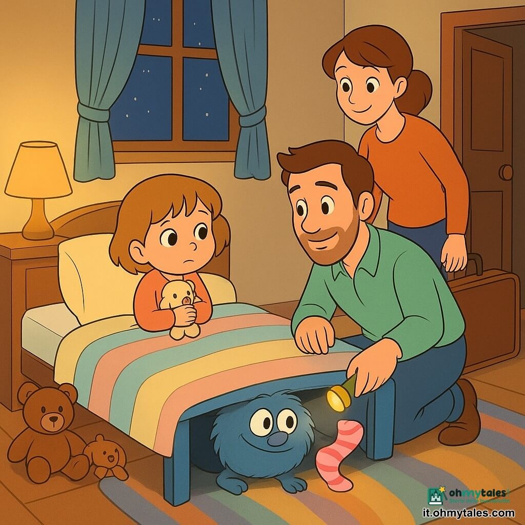 Bambina di 4 anni, viso rotondo, capelli corti castano chiaro, occhi grandi e lucenti, espressione timida e curiosa, stringe un pupazzo non preferito sul petto seduta su un letto con coperta pastello; papà (~35) dal volto dolce e barba leggera accovacciato a destra con una torcia gialla che sorride rassicurante; mamma (~33) coi capelli raccolti e sguardo tenero in piedi vicino alla porta con una valigia aperta e la mano sul montante del letto; Muffo sotto il letto, testa rotonda pelosa blu-grigio, grandi occhi luminosi e naso a bulbo, timido e malizioso che emerge guardando la bambina; Pinna uscita dall'armadio, corpo morbido a righe rosa e bianco con zampette come calzini che saltella al piede del letto danzando; stanza nuova con pareti color crema, lampada da comodino che diffonde luce arancione calda, finestra socchiusa con tenda che ondeggia, tappeto soffice a righe, peluche sparsi e valigia vicino all'armadio; scena notturna dolce e rassicurante in cui la bambina, inizialmente preoccupata, scopre due creature amiche che trasformano l'ombra sotto il letto in gioco.