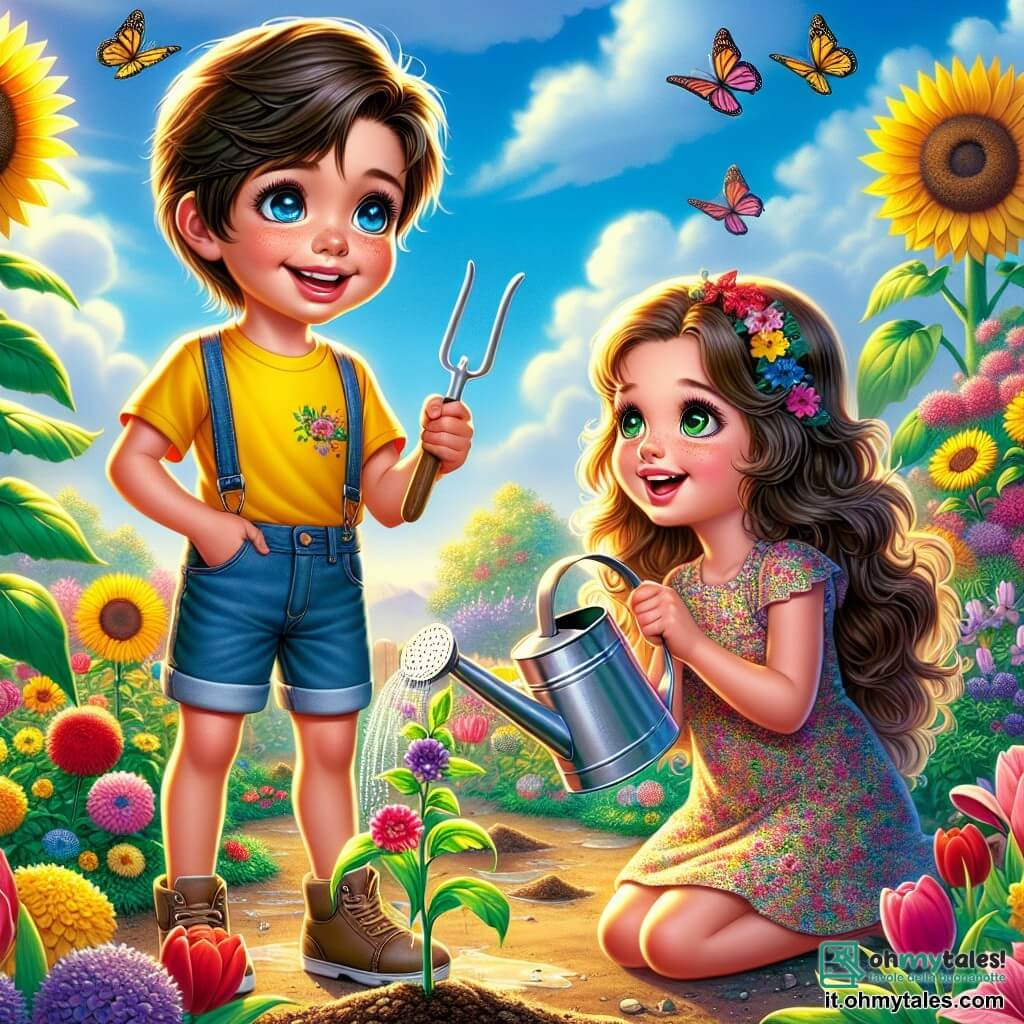 Un ragazzo di 12 anni, Marco, con capelli castani e occhi scintillanti, si trova al centro di un giardino colorato, con un ampio sorriso sul volto, meravigliato dai fiori che sbocciano intorno a lui. Indossa una maglietta gialla e un pantaloncino di jeans, e tiene una piccola pala in una mano, pronto a piantare dei semi. Alla sua destra, Sofia, una ragazza di 11 anni con capelli lunghi e ricci, vestita con un abito a fiori, si inginocchia per annaffiare le giovani piante con un annaffiatoio di metallo. Guarda Marco con entusiasmo, condividendo la sua gioia per il giardino. Sullo sfondo, il giardino è un vero e proprio quadro di colori vivaci, con girasoli giganti che ondeggiano dolcemente al vento, tulipani multicolori e farfalle che danzano intorno ai fiori. Il cielo è di un blu splendente, punteggiato da alcune nuvole bianche e soffici. La scena rappresenta Marco e Sofia mentre celebrano l'arrivo della primavera, circondati dalla bellezza della natura, mentre lavorano insieme per creare un giardino magico che simboleggia la loro amicizia e il loro amore per la natura.