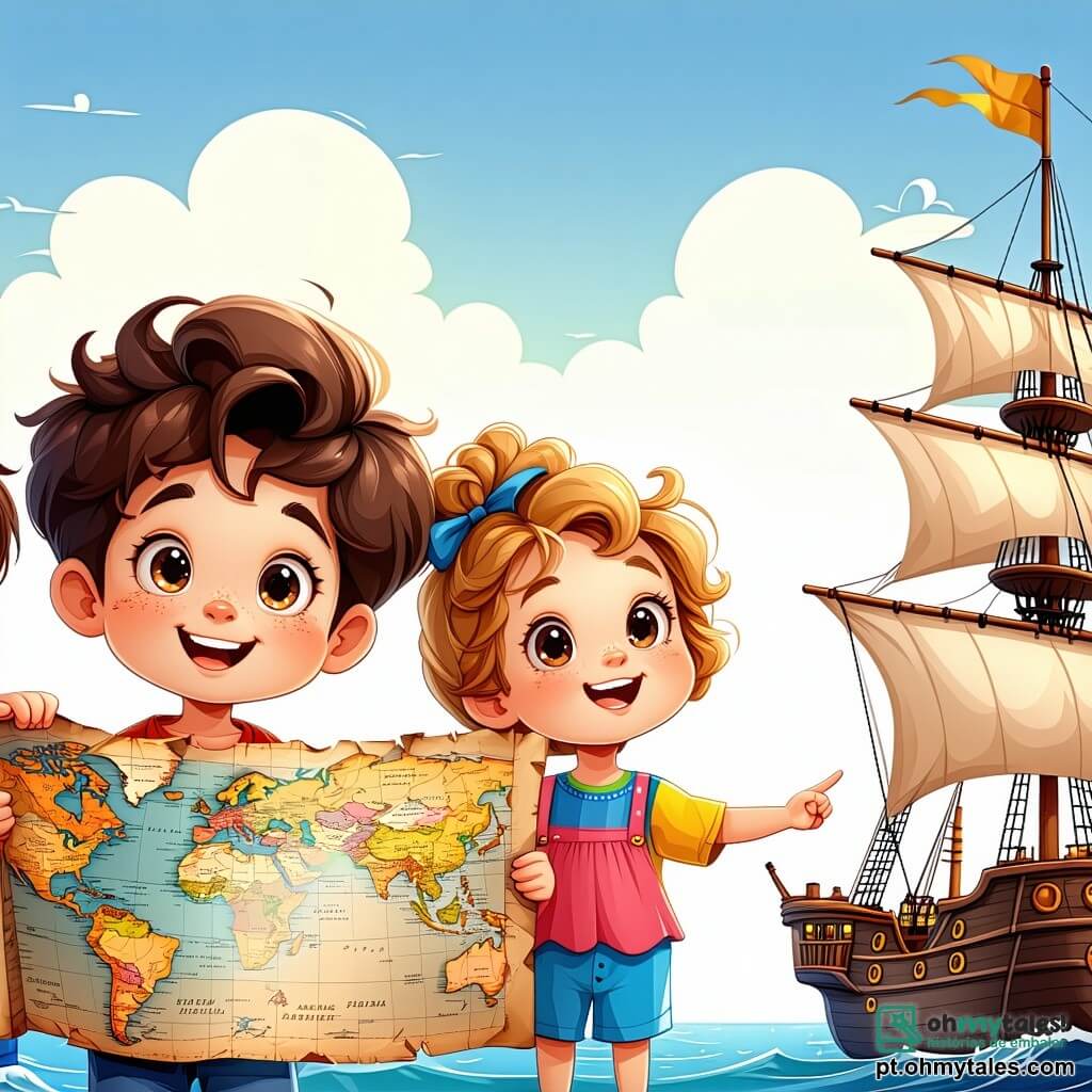 No primeiro plano, quatro crianças estão juntas, todas sorridentes e cheias de energia. Miguel, um garoto de 8 anos com cabelos castanhos bagunçados e olhos brilhantes, observa com admiração um mapa antigo que segura nas mãos. À sua direita, Luísa, uma menina de 8 anos com cabelos encaracolados e dourados, veste um vestido colorido e aponta para um grande navio à vela ao longe. À esquerda, Pedro, um garoto de 9 anos com óculos redondos e cabelos negros, segura um pequeno aparelho de navegação, parecendo concentrado. Finalmente, Ana, uma menina de 7 anos com cabelos lisos e castanhos, está um pouco atrás, observando atentamente o grupo com um sorriso tímido. O cenário é um porto movimentado do século XV, onde barcos de madeira com velas brancas estão ancorados. O céu é azul brilhante, salpicado de nuvens brancas, e o ar está impregnado com o cheiro salgado do mar. Comerciantes e marinheiros se movimentam ao redor, criando uma atmosfera vibrante e colorida. A cena principal mostra as crianças tentando convencer o famoso explorador Cristóvão Colombo, que está à frente de seu navio, parecendo hesitante. Miguel, Luísa, Pedro e Ana se aproximam dele, com rostos radiantes de entusiasmo, prontos para incentivá-lo a embarcar em sua viagem histórica.