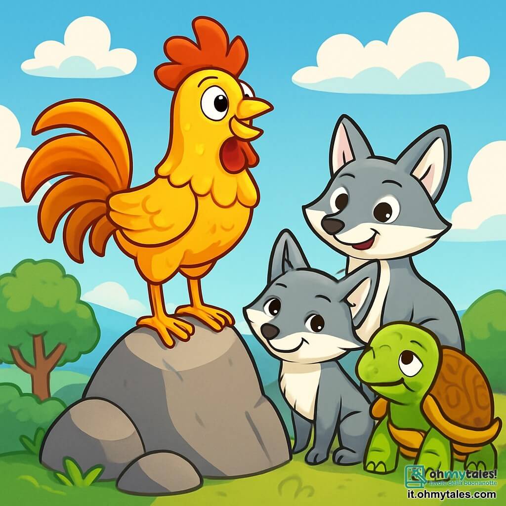 Un giovane gallo dalle piume dorate e scintillanti si erge fiero su una pietra in cima a una montagna, il suo sguardo brilla di eccitazione e determinazione. Accanto a lui, una volpe dal pelo argentato e dagli occhi maliziosi lo osserva con un sorriso incoraggiante, mentre una vecchia tartaruga saggia, con un guscio ornato di motivi delicati, si avvicina lentamente, gli occhi pieni di saggezza. Il cielo è di un blu splendente, punteggiato di nuvole bianche e soffici, e sotto si estende un paesaggio verdeggiante, con alberi maestosi e un lago scintillante. La scena trasmette un'atmosfera di avventura e amicizia, mentre il gallo si prepara a scoprire il tesoro nascosto in cima alla montagna.