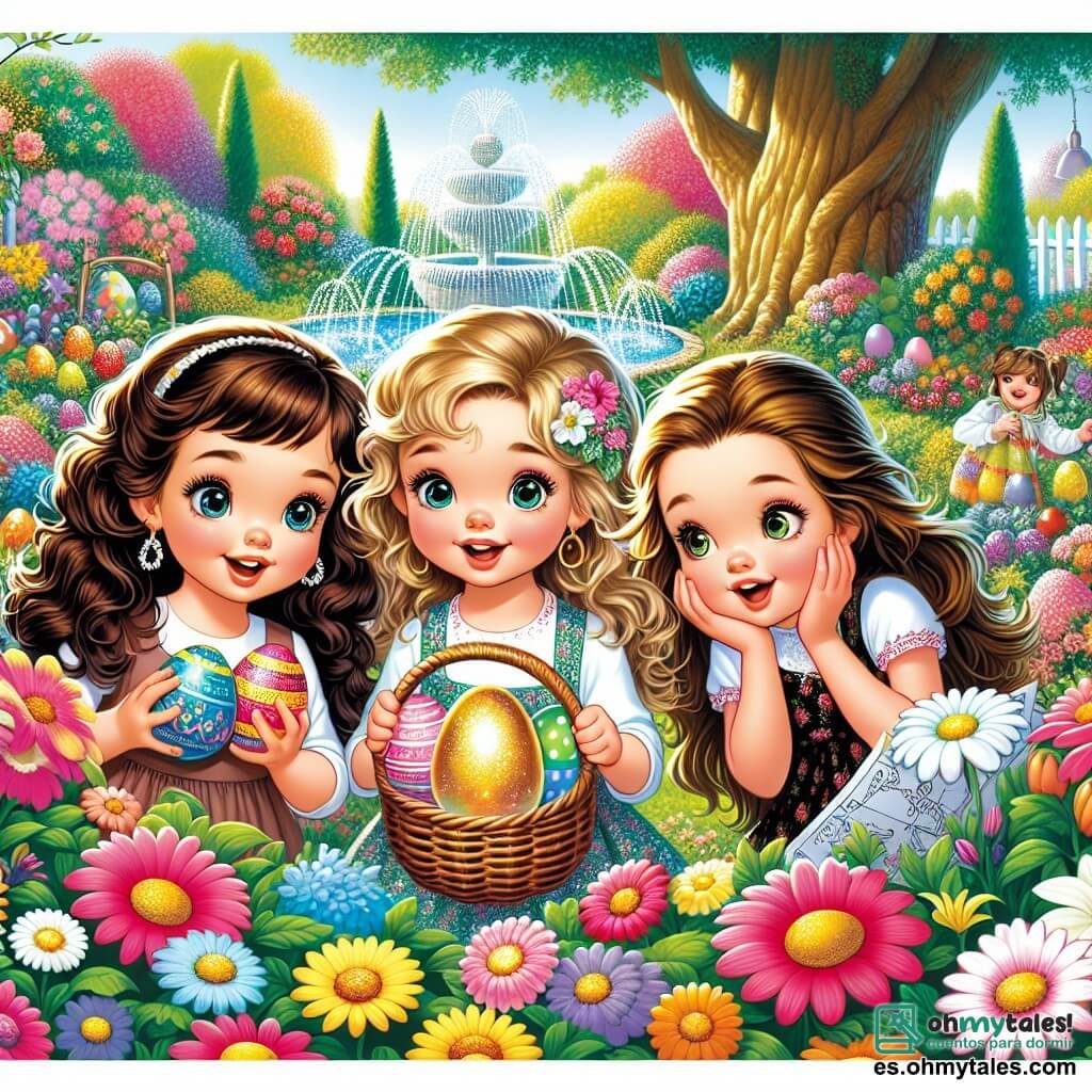 Tres chicas alegres están en el centro de un jardín colorido, rodeadas de flores brillantes y vegetación exuberante. Sara, de 11 años, con cabello rizado y ojos brillantes, lleva un vestido rosa y sostiene una pequeña cesta de mimbre llena de huevos de colores. Lucía, también de 11 años, tiene trenzas rubias y lleva una camiseta amarilla con un diseño de conejo. Está agachada, mirando un huevo escondido bajo una gran margarita. Elena, la última chica, tiene el cabello castaño liso y lleva una falda con flores. Sostiene un gran papel con un mapa de búsqueda de huevos, luciendo concentrada. El jardín está lleno de flores multicolores, con un gran roble al fondo y una pequeña fuente brillante en el centro, donde nadan peces dorados. Las chicas están en plena búsqueda de huevos de Pascua, buscando con entusiasmo entre las flores, mientras un misterioso huevo dorado brilla bajo el sol, atrayendo su atención y prometiendo una aventura mágica.