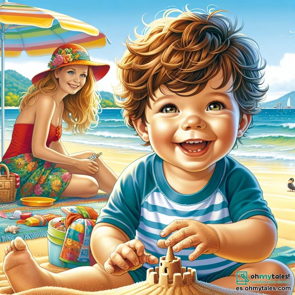 Un niño pequeño de 1 año, con cabello castaño desordenado y ojos brillantes de alegría, está sentado en la arena dorada de la playa. Lleva un bañador a rayas azul y blanco y un sombrero de sol colorido. Está construyendo un castillo de arena con una gran sonrisa en su rostro, con sus pequeñas manos llenas de granos de arena. A su lado, su mamá, una mujer de unos 30 años con cabello largo y rubio, está de rodillas. Lleva un bañador rojo y un pareo colorido, y le ayuda a moldear el castillo, riendo alegremente. Un poco más lejos, su papá, un hombre de unos 32 años con cabello castaño y una barba ligera, está sentado en una toalla de playa, sosteniendo un picnic. Los observa con una sonrisa orgullosa, listo para compartir un momento de felicidad familiar. El lugar es una hermosa playa soleada, con suaves olas que rompen en la orilla, sombrillas coloridas y conchas esparcidas sobre la arena. En el fondo, se pueden ver niños jugando en el agua y familias disfrutando del día. La situación principal muestra al niño concentrado en su castillo de arena, rodeado de su familia, todos riendo y divirtiéndose juntos bajo el sol brillante, ilustrando la alegría de las vacaciones de verano.
