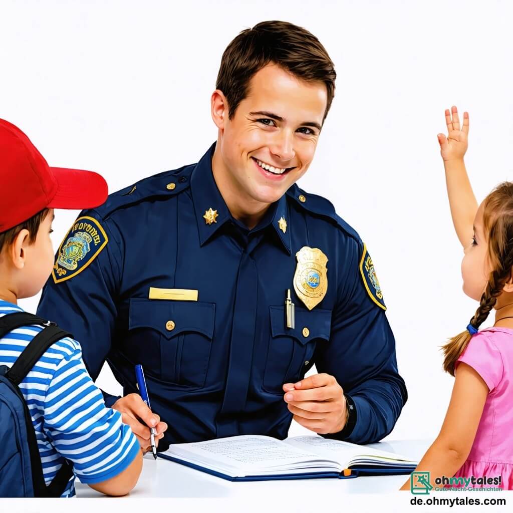 Im Zentrum des Bildes steht ein Polizist mit einem warmen Lächeln, der eine marineblaue Uniform mit einem glänzenden Abzeichen auf der Brust trägt. Er hat kurze braune Haare und freundliche Augen, während er sich leicht vorbeugt, um mit einer Gruppe von Kindern zu sprechen und stolz seine Polizeiausrüstung zu zeigen. Rechts von ihm hebt ein 8-jähriges Mädchen mit langen geflochtenen blonden Haaren und einem rosa Kleid begeistert die Hand, um eine Frage zu stellen, ihre Augen strahlen vor Aufregung. Links von ihm schaut ein 7-jähriger Junge mit einer roten Mütze und einem gestreiften T-Shirt bewundernd zu dem Polizisten, ein breites Lächeln auf seinem Gesicht. Die Szene spielt auf einem sonnigen Schulhof, umgeben von grünen Bäumen und bunten Spielgeräten. Im Hintergrund spielen Kinder, was der Illustration eine fröhliche und lebhafte Atmosphäre verleiht. Der Polizist erklärt den Kindern die verschiedenen Funktionen seines Berufs und lehrt sie die Bedeutung von Sicherheit und gegenseitiger Hilfe, was einen Moment des Lernens und Teilens voller Lachen und Neugier schafft.