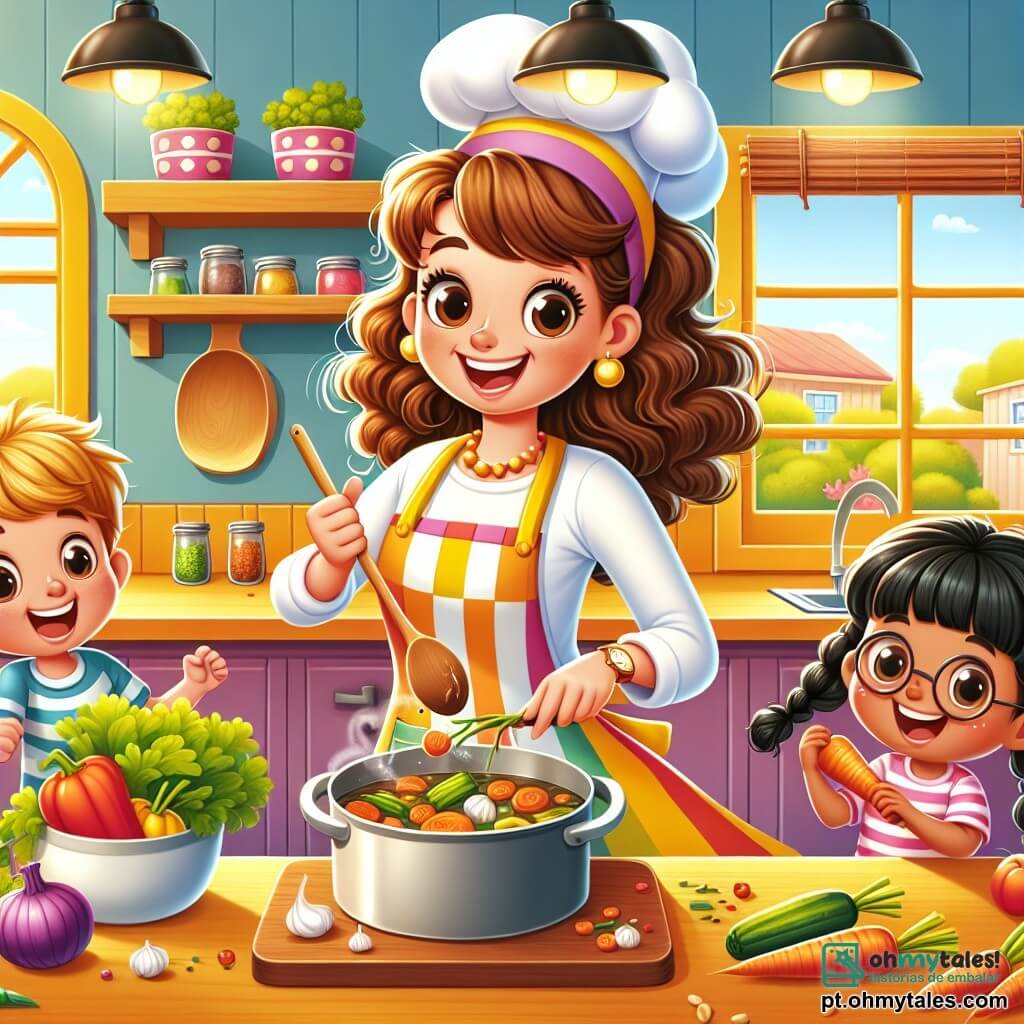 Uma chef sorridente, com cerca de 30 anos, cabelos cacheados e um grande avental colorido, dança alegremente em uma cozinha iluminada. Ela mistura legumes frescos em uma grande panela, seus olhos brilhando de felicidade. Ao lado dela, um menino de 8 anos, com cabelos loiros e óculos redondos, segura uma colher de pau e observa com admiração, pronto para ajudar. Uma menina de 7 anos, com tranças negras, está cortando cenouras em uma tábua, concentrada e entusiasmada. A cozinha é espaçosa, com paredes amarelas ensolaradas, prateleiras cheias de potes de especiarias coloridos e janelas que deixam entrar a luz do dia. A cena principal mostra a chef e as crianças preparando juntas um prato delicioso, cheios de alegria e risadas, criando uma atmosfera calorosa e amigável.