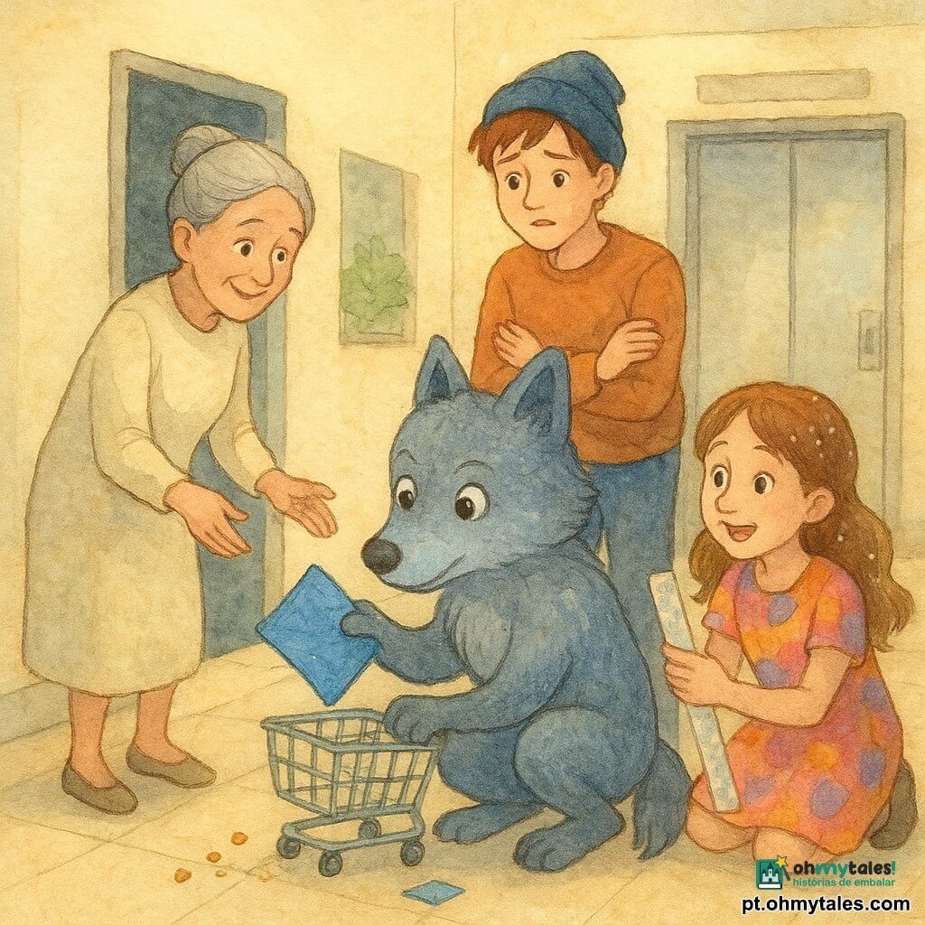 Personagem principal: pequeno lobo antropomórfico de pelagem cinza com tons azulados, olhos grandes e curiosos, expressão concentrada e benevolente, agachado junto à porta da sala de manutenção a segurar delicadamente um gancho metálico para puxar um caderno azul amassado; personagem secundário 1: adolescente Tomás de gorro torcido e cabelo castanho, rosto aliviado, em pé atrás do lobo com mãos cruzadas no peito; personagem secundário 2: dona Rosa, bibliotecária de vestido creme e cabelo grisalho em coque, sorriso terno, estende a mão para alcançar o caderno à esquerda; personagem secundário 3: menina Bia de cabelo com glitter e roupa colorida, surpresa e entusiasmada, ajoelhada à direita segurando uma régua translúcida para guiar o objeto; local: corredor interno de prédio luminoso com paredes creme, piso de azulejo bege, porta metálica da manutenção entreaberta com uma fresta escura, jardim interno ao lado e elevador de vidro ao fundo; situação: recuperação do caderno azul preso atrás da porta, atmosfera terna e de suspense discreto, iluminação suave tipo aquarela e sensação de alívio e camaradagem.