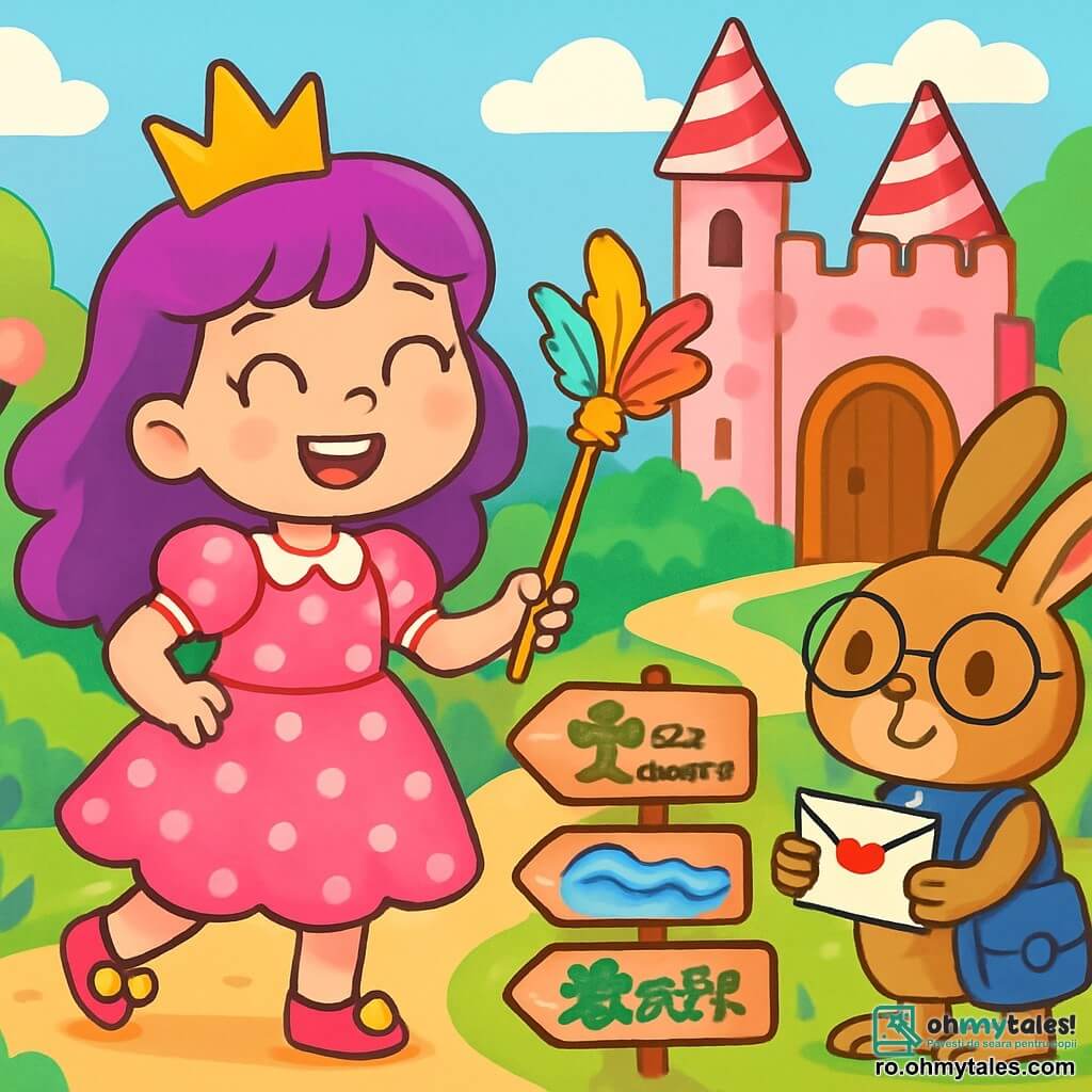 O prințesă veselă, Pufina, cu părul violet strălucitor, poartă o rochie roz cu buline albe și pantofi cu clopoței care sună la fiecare pas. Zâmbește cu ochii strălucitori de emoție, ținând o baghetă împodobită cu pene colorate. Lângă ea, un iepure tânăr cu urechi mari, purtând ochelari rotunzi, este poștașul regatului, are aproximativ 8 ani și o privește pe Pufina cu un zâmbet complice, ținând o scrisoare parfumată în lăbuțe. Scena se desfășoară la intrarea unui castel din bomboane, cu pereți roz și acoperișuri din zahăr, înconjurat de copaci cu frunze în formă de bomboane și nori pufoși plutind jos în cerul albastru. Pufina și iepurele stau în fața a trei căi misterioase: una duce la o pădure dansatoare, alta la un râu râzând, iar ultima la o poiană plină de broaște cântătoare. Se pregătesc să-și aleagă următoarea aventură plină de râsete și surprize.