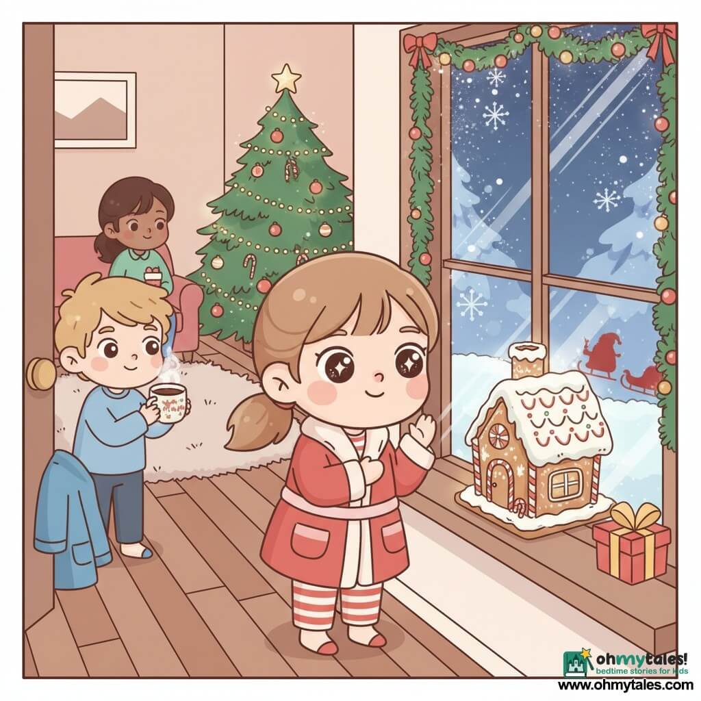 A 10-year-old girl with big bright eyes, rosy cheeks and chestnut ponytail in striped pajamas and a red robe peeks out the window with a delighted smile; a roughly 9-year-old boy (Tommy) with tousled blond hair, a blue coat on a chair, holds a mug of hot chocolate and whispers by the door to the left; their mother, about 35, brown hair gathered, sits near the decorated Christmas tree on the couch holding a stocking and watches tenderly; the cozy living room has wooden floors, a plush rug, a tree with lights and red baubles and a sparkling garland around the window; on the exterior window ledge a large gingerbread house dusted with snow and candy canes glows under lights while a small red Santa silhouette places a golden package beside it with sleigh and falling snow in the background; night scene with warm interior light contrasting cool blue snowy outdoors, reflections of garlands on the glass; kawaii minimal style with rounded shapes, saturated pastel colors, simple textures, clean lines and little shadow, charming joyful mood.