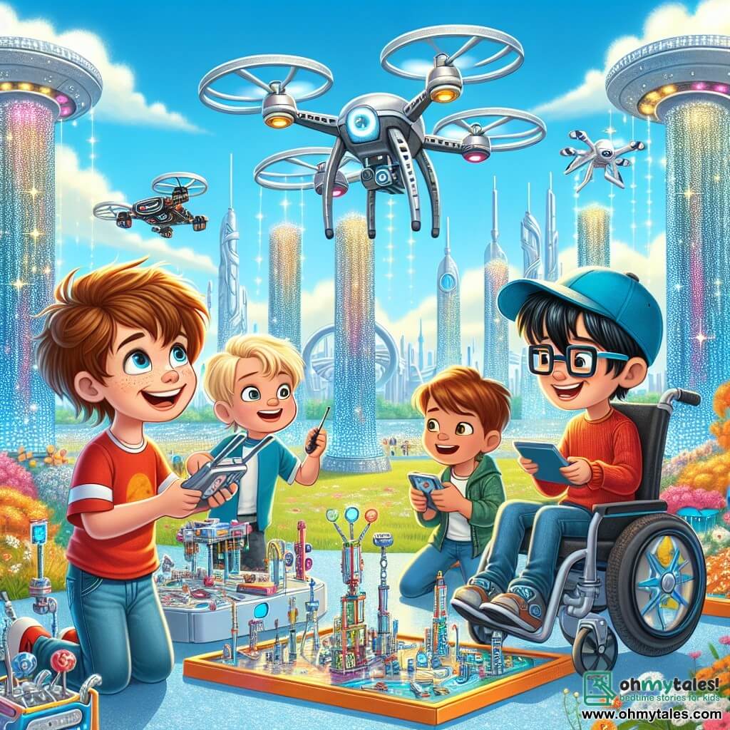 In a futuristic park in Sparkle City, four seven-year-old boys are in action. Max, with messy brown hair and a red t-shirt, is flying a drone high in the sky. Next to him, Leo, with blonde hair and a blue cap, watches Max's drone in amazement. Sam, wearing glasses and with brown hair, is leaning over a robotics table, building a colorful robot with shiny parts. Finally, Jake, a little boy with black hair in a wheelchair, smiles while holding a remote control, ready to fly his own drone. The park is filled with futuristic structures, silver-leaved trees, and sparkling games. Children play around them, and drones fly in the blue sky, creating a joyful and dynamic atmosphere. The main scene shows the boys having fun together, each focused on their activity but all sharing laughter and encouragement, illustrating the spirit of friendship and adventure in this technological world.